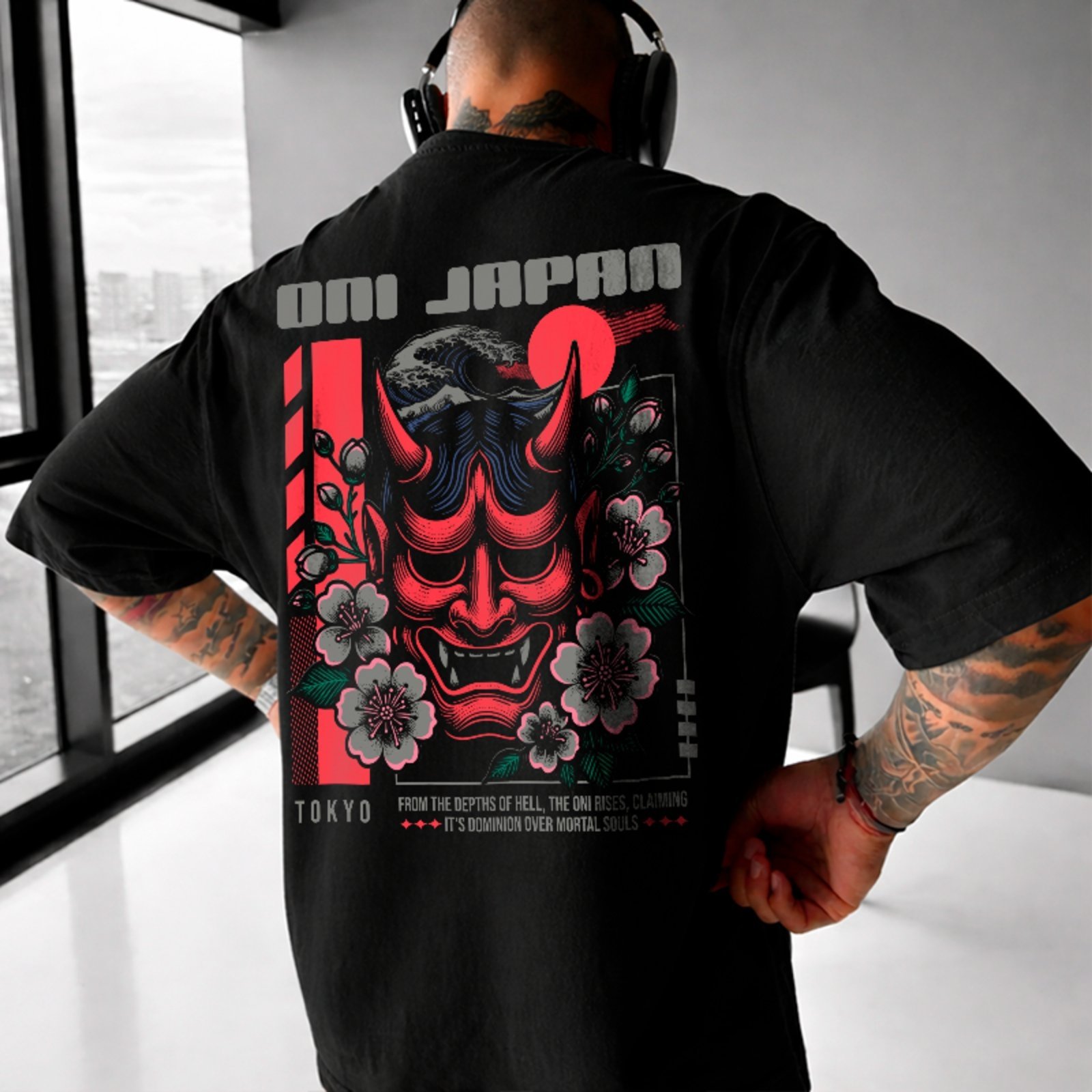 Camiseta Oversized Máscara Oni Estilo Japão Arte Oriental Unissex Preto