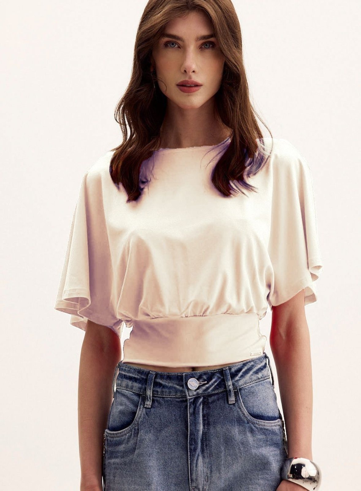 Blusa Comfort Manga Curta Morcego Triton Bege Affogato