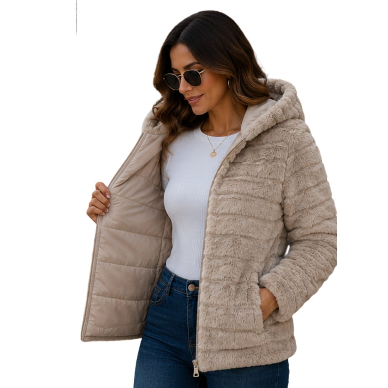 Jaqueta Feminina Dupla Face Peluciada Ted e Puffer Com Capuz Inverno Bege