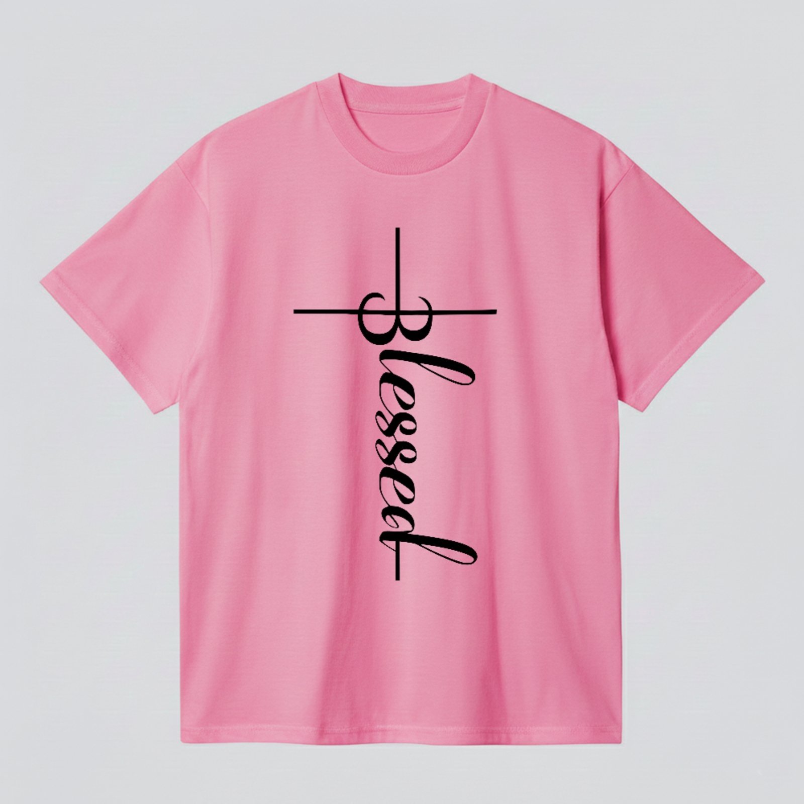 Camiseta Básica Blessed Cruz Minimalista Fé Cristã Style Rosa