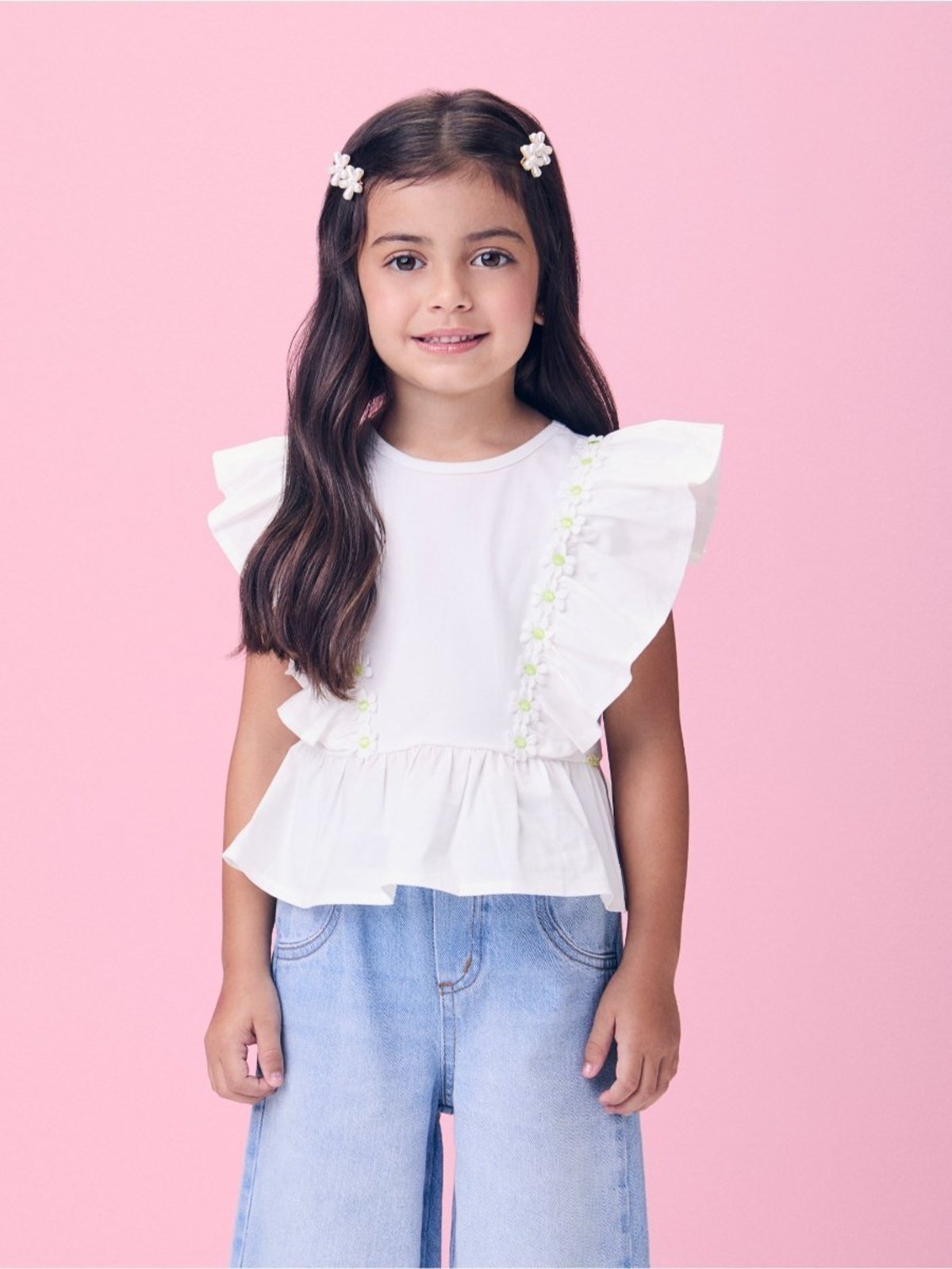 Infantil - Blusa Tricoline Off com Babados