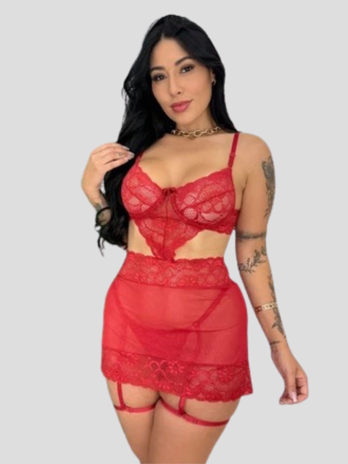 Conjunto Feminino Gabriela em Renda com Cinta-Liga e Sutiã com Aro Vermelho