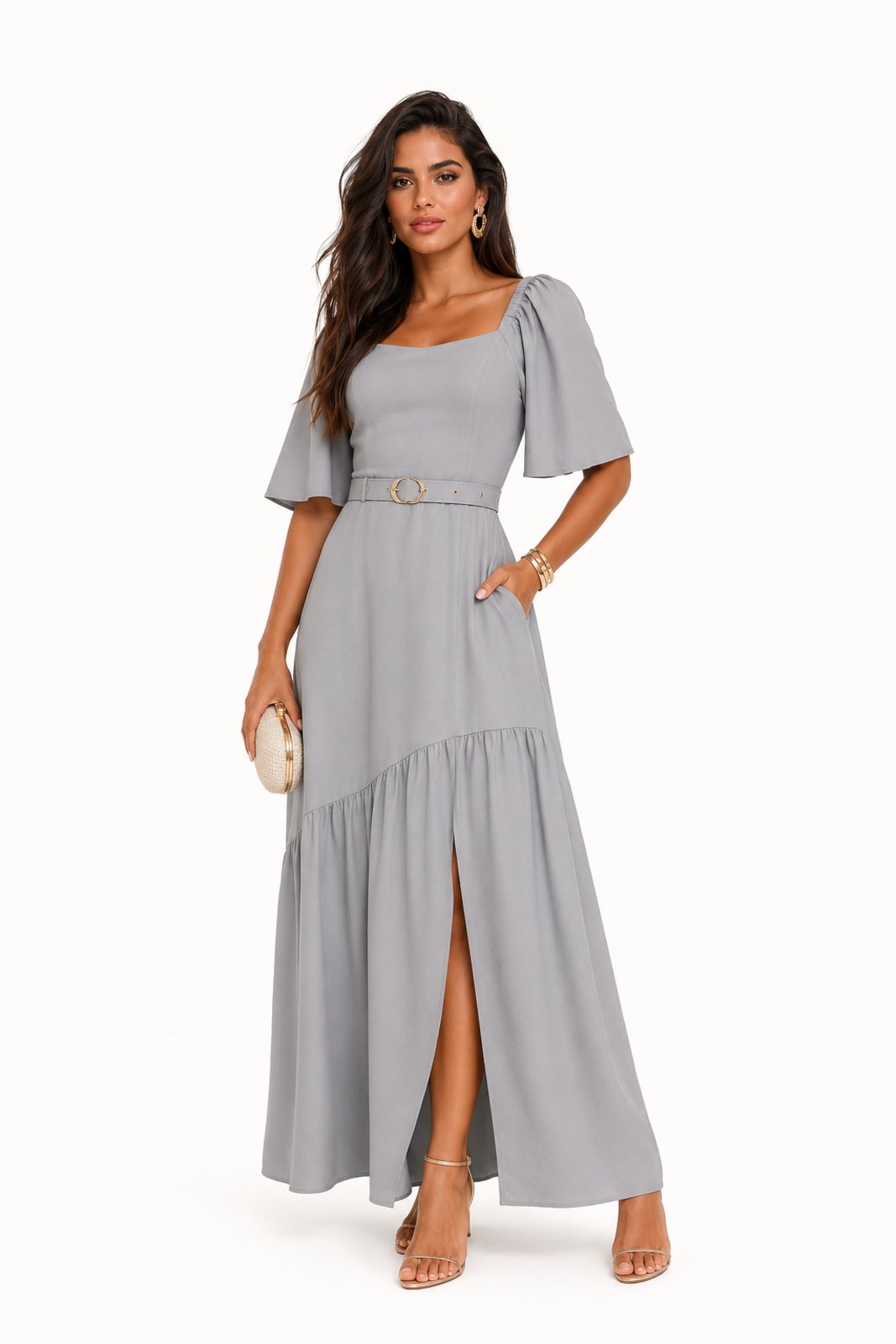 Vestido Longo Feminino D Bell Outlet Fashion Cinza