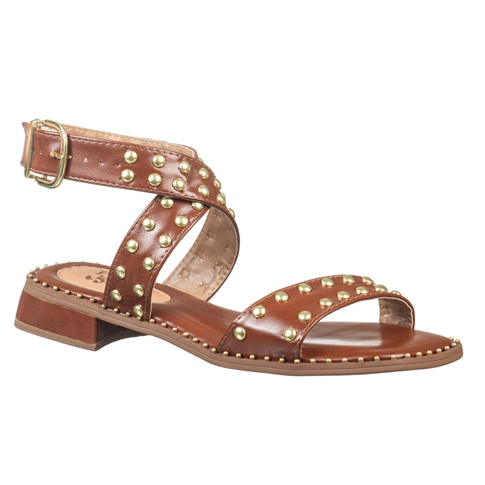 Sandália Feminina Estilo Rock Chic C/ Tachas E Salto Baixo- Via Birigui CARAMELO
