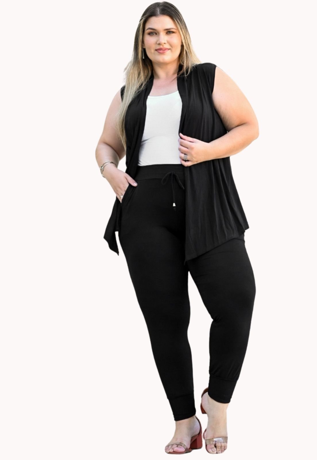 Conjunto Plus Size Calça Jogger e Colete Sem manga Feminino Juquitiba Brasil Preto