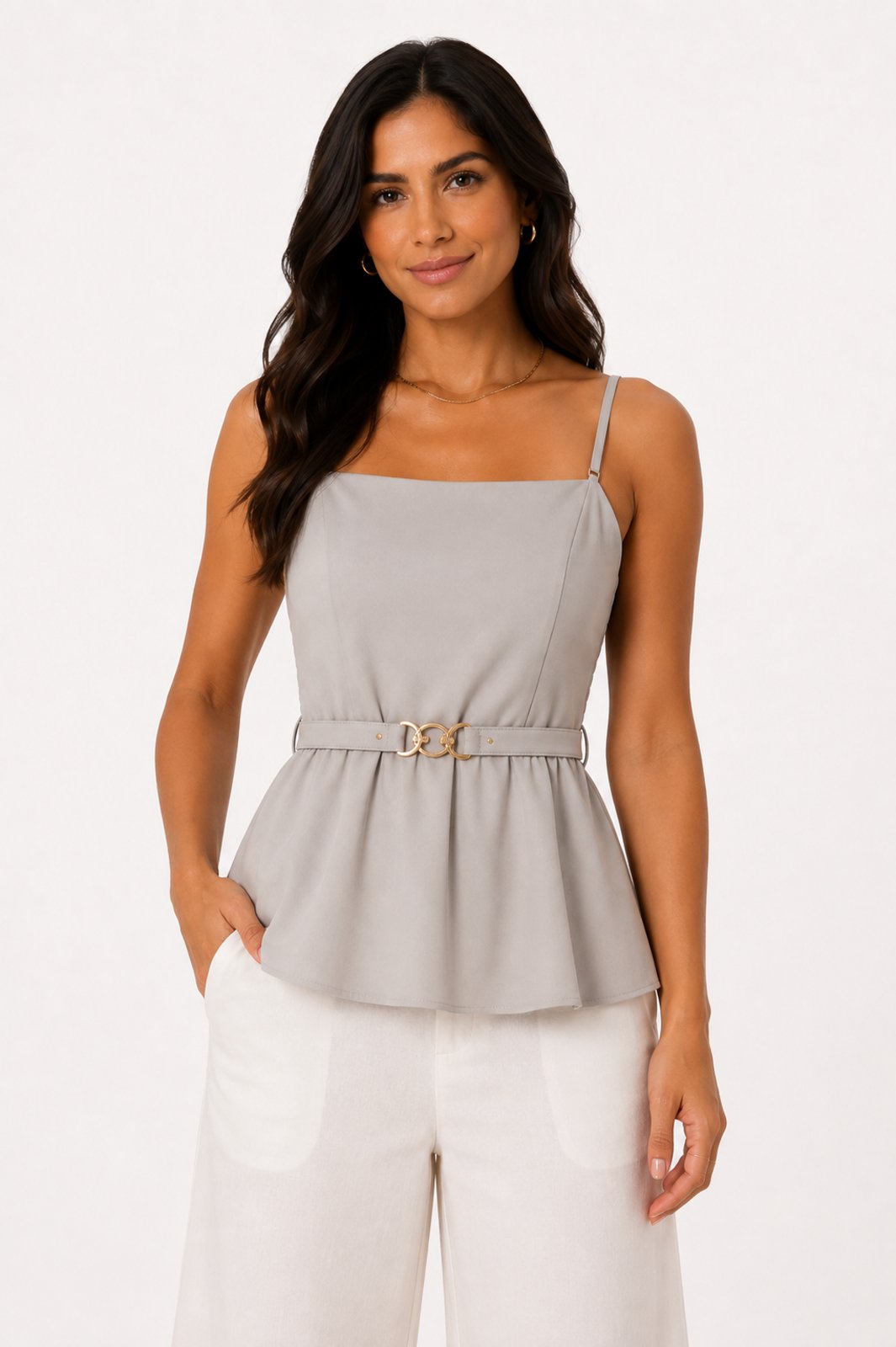 Blusa Peplum D Bell Outlet Fashion Alça Fina Cinza Claro