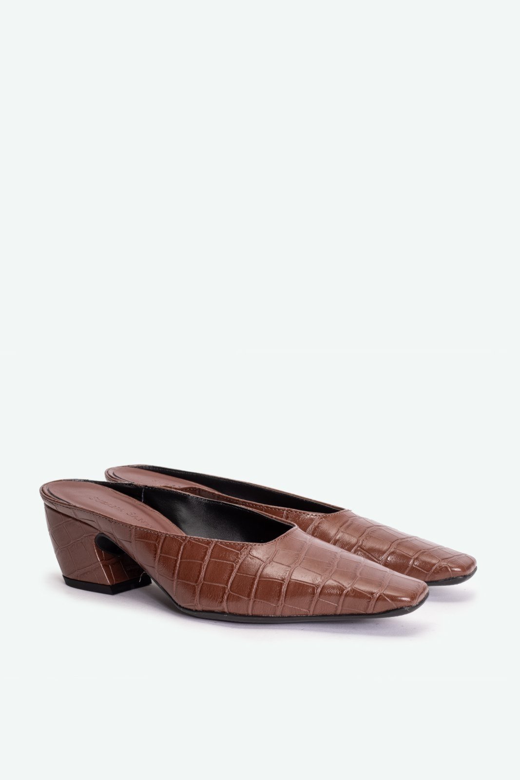 Vista 3 Sapato Mule Aberto Ponta Quadrada Salto Grosso 5cm Croco Confortável Elegante Suzana Santos marrom Suzana Santos marrom