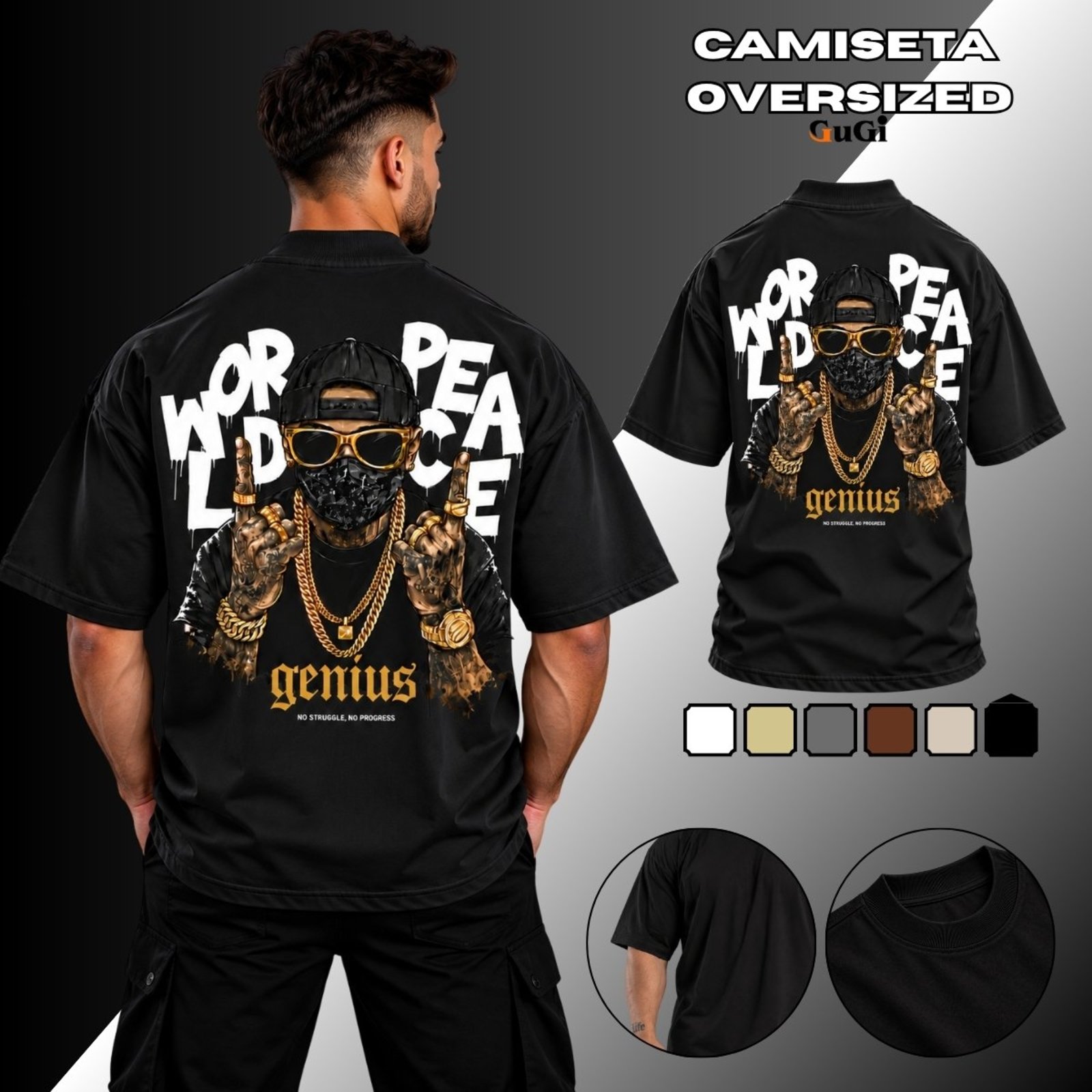 Camiseta Masculina Oversized Rapper Gangster 100% Algodão 30.1 Preto