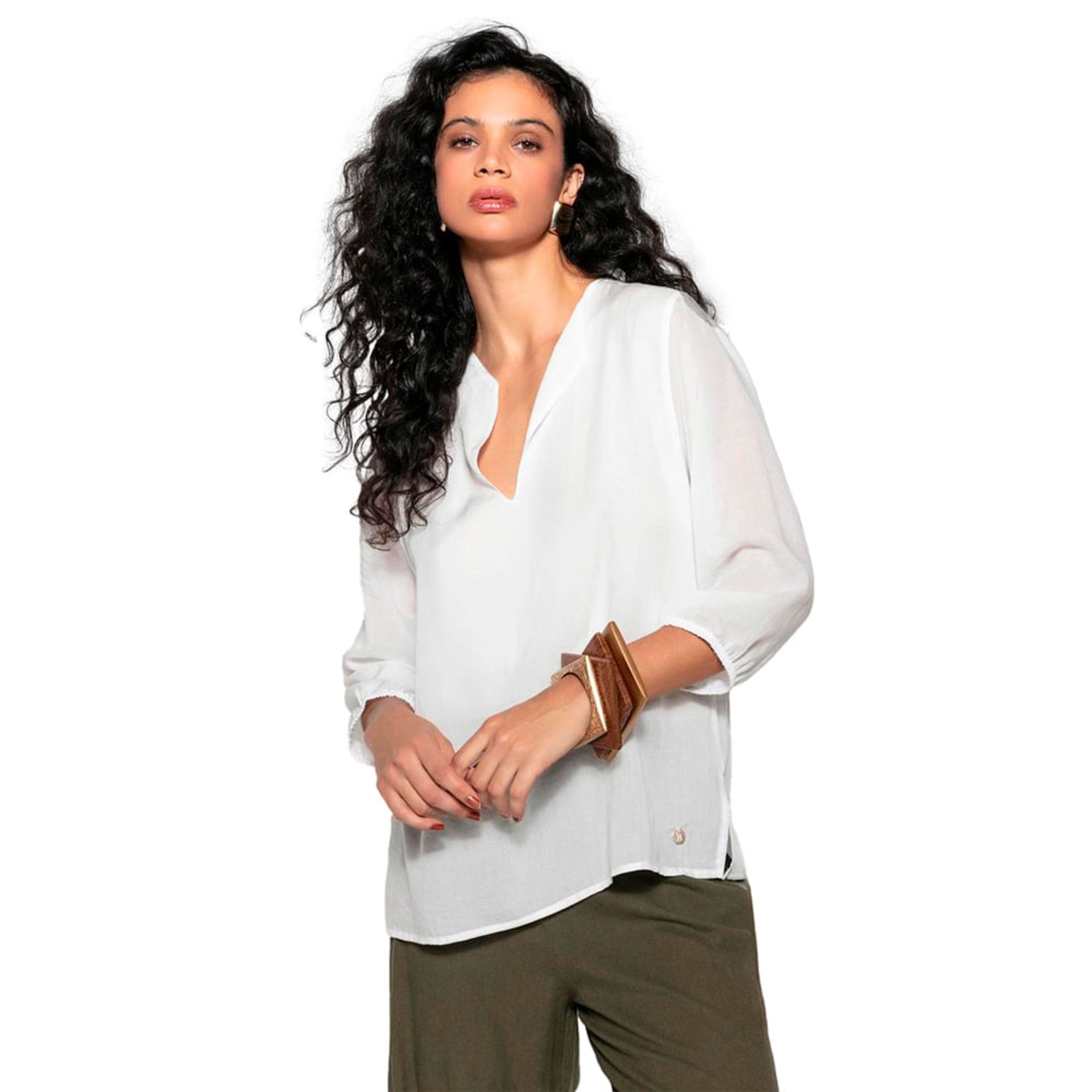 Blusa Feminina Biamar Liocel Gola V Manga Longa Branco