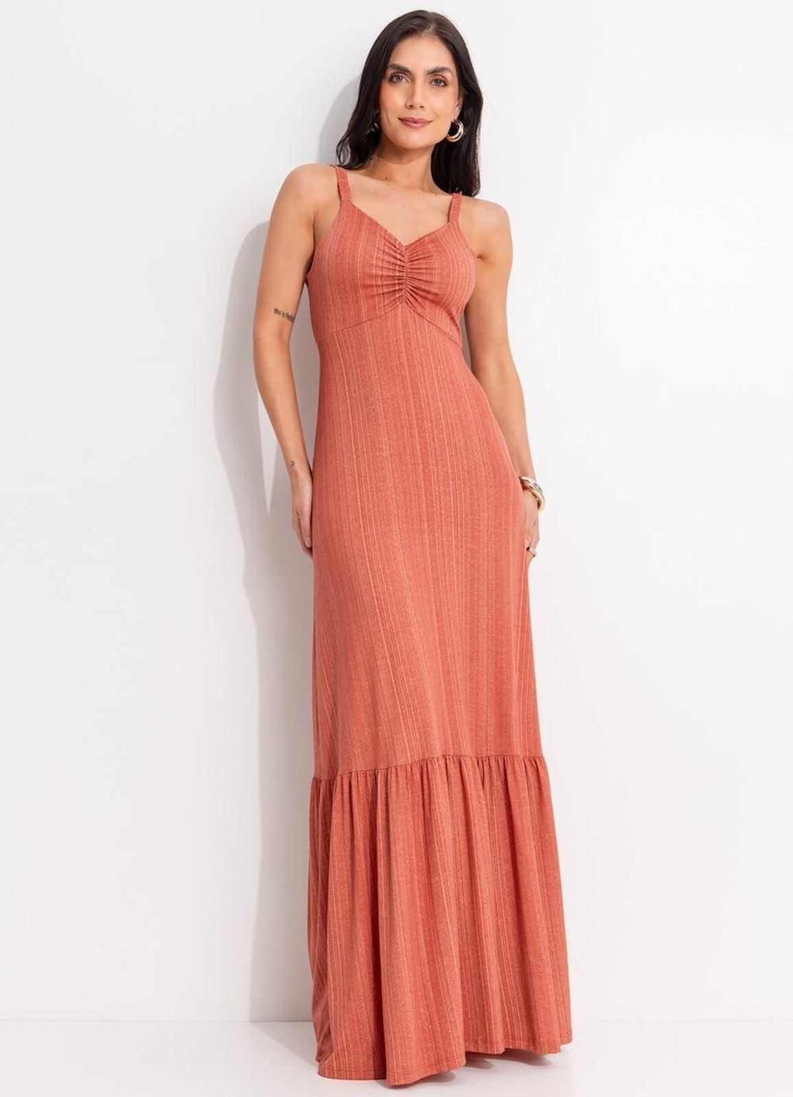 Vestido Em Malha De Viscose Quintess Listras Laranja
