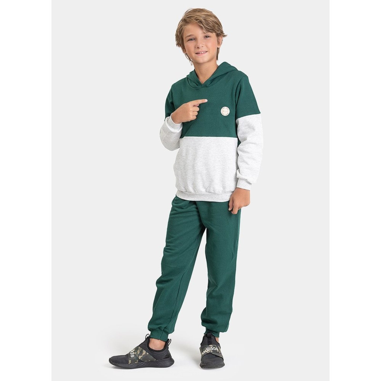 Infantil - Conjunto Inverno Menino Verde Blusão com Recorte e Calça com Cadarço em Moletom MLK