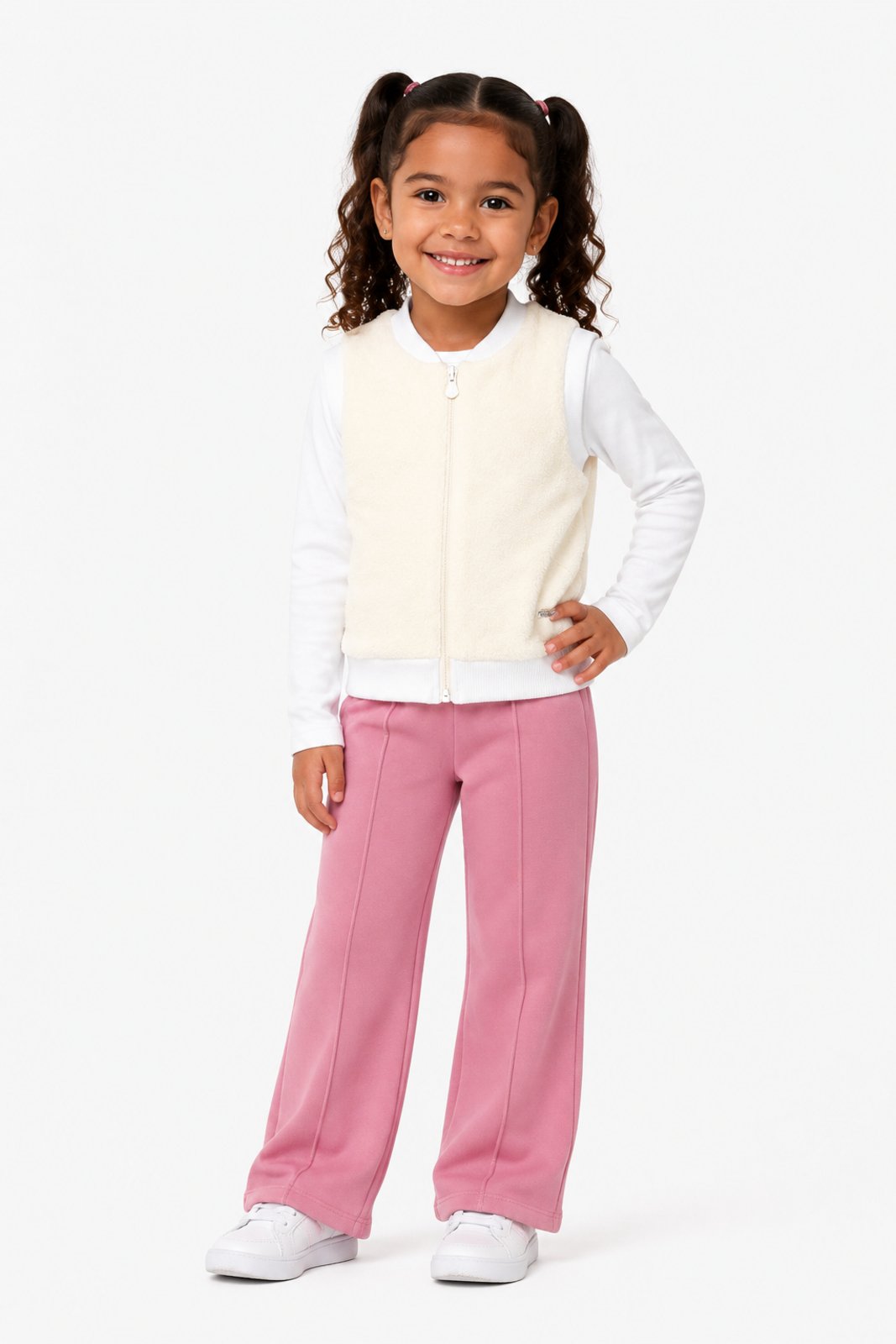Infantil - Conjunto D Bell Outlet Fashion Blusa Manga Longa E Colete Branco E Calça Rosa