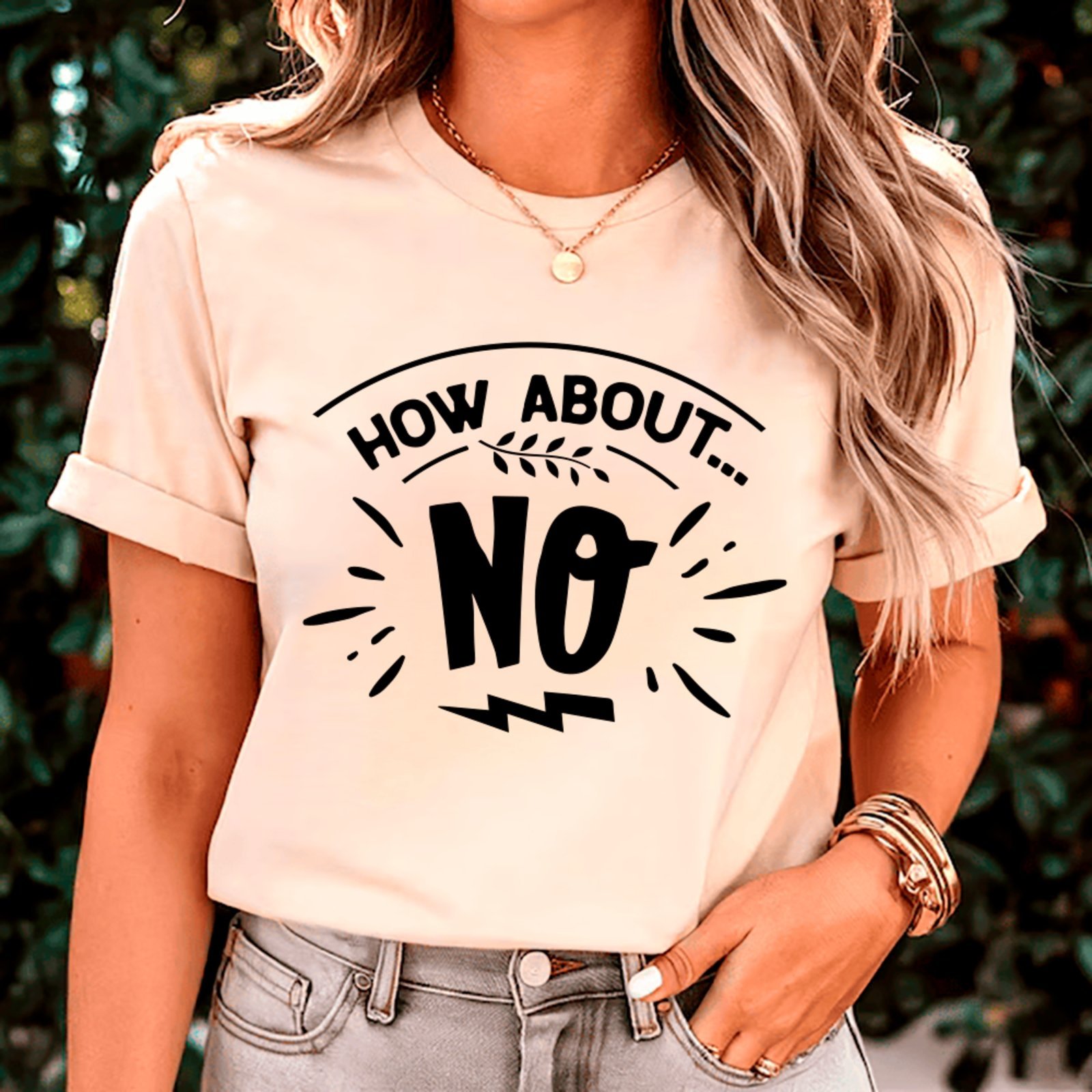 Vista 2 Camiseta Ousy Básica Frase How About No Humor Irônico Unissex Off White off-white white ousy off-white white