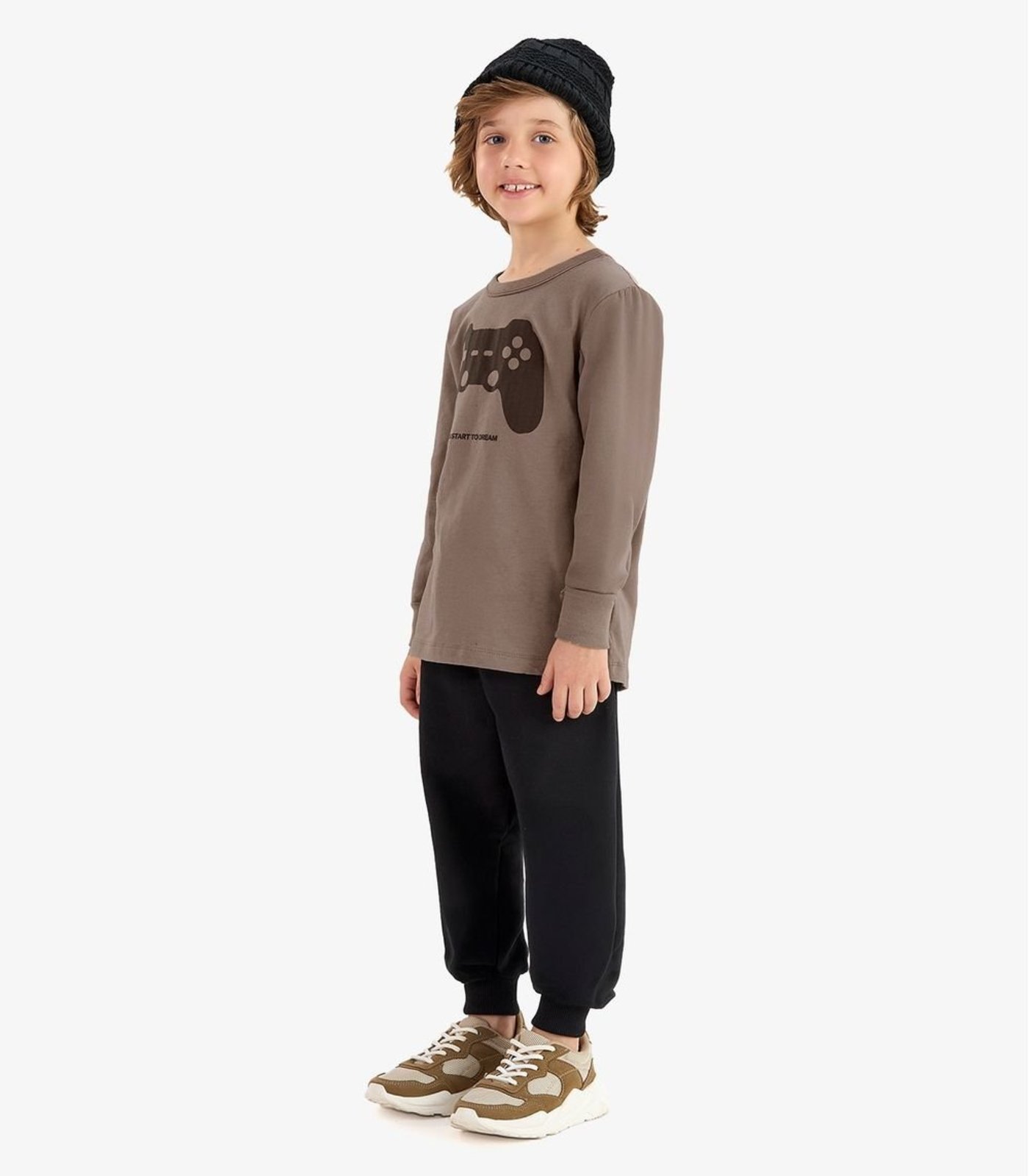 Infantil - Conjunto Camiseta com Calça Meia Malha Rovi Marrom