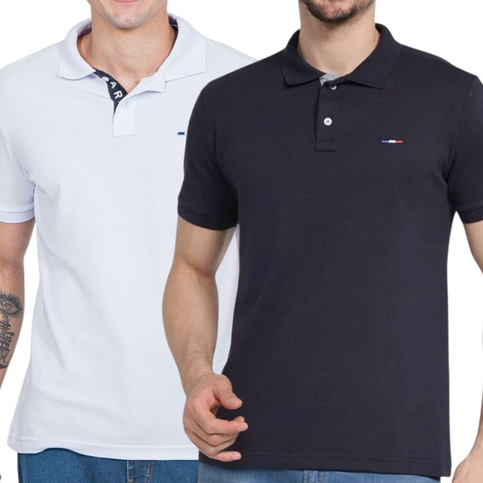 Kit 2 Polos Masculina Básicas FMF Branco e Preto Piquet no Estilo Tommy Bordado França