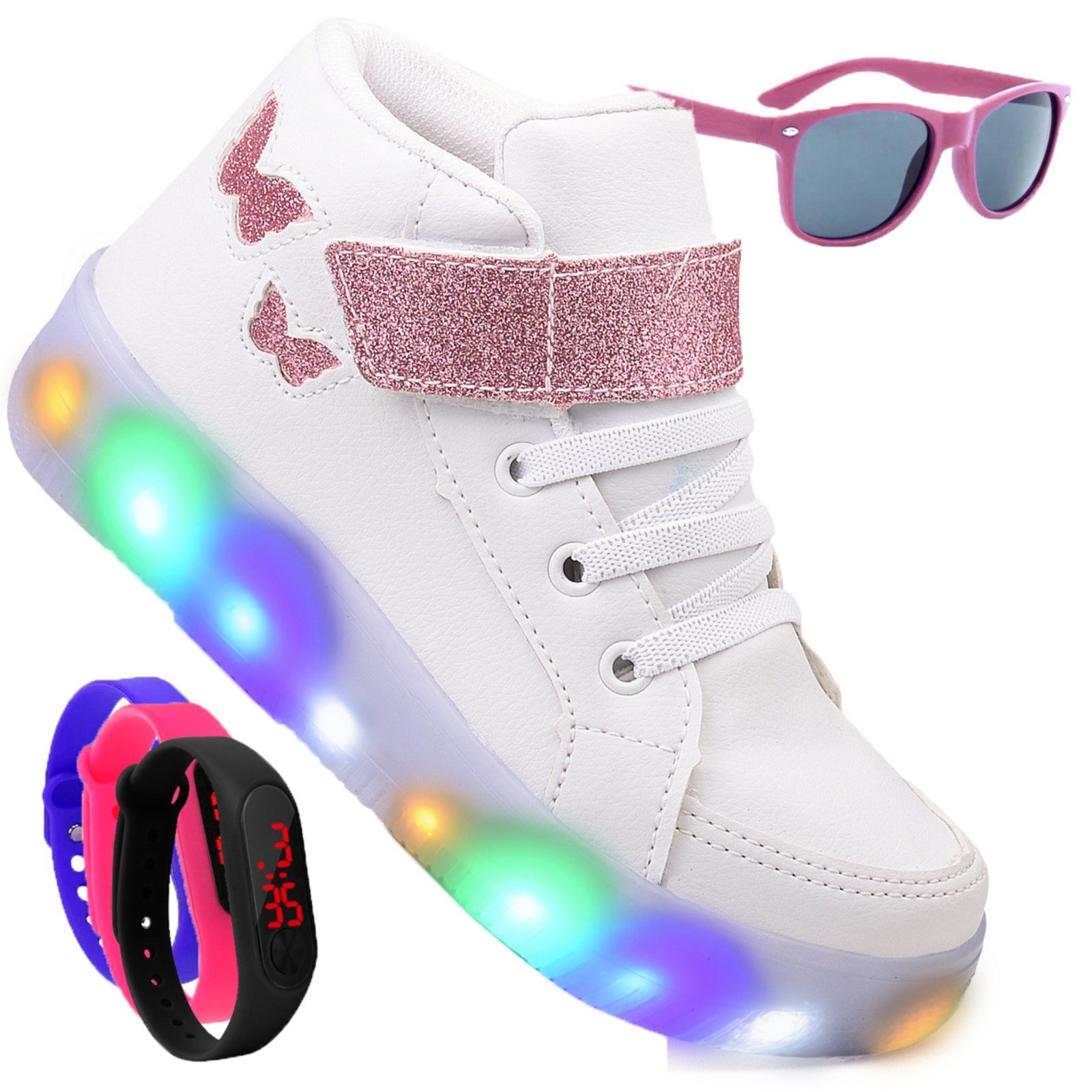 Vista 2 Infantil - Kit Tênis De Led Botinha Borboleta Meninas Brilhante Óculos e Relógio CALCADOS LGHT LIGHT preto CALCADOS LGHT LIGHT preto