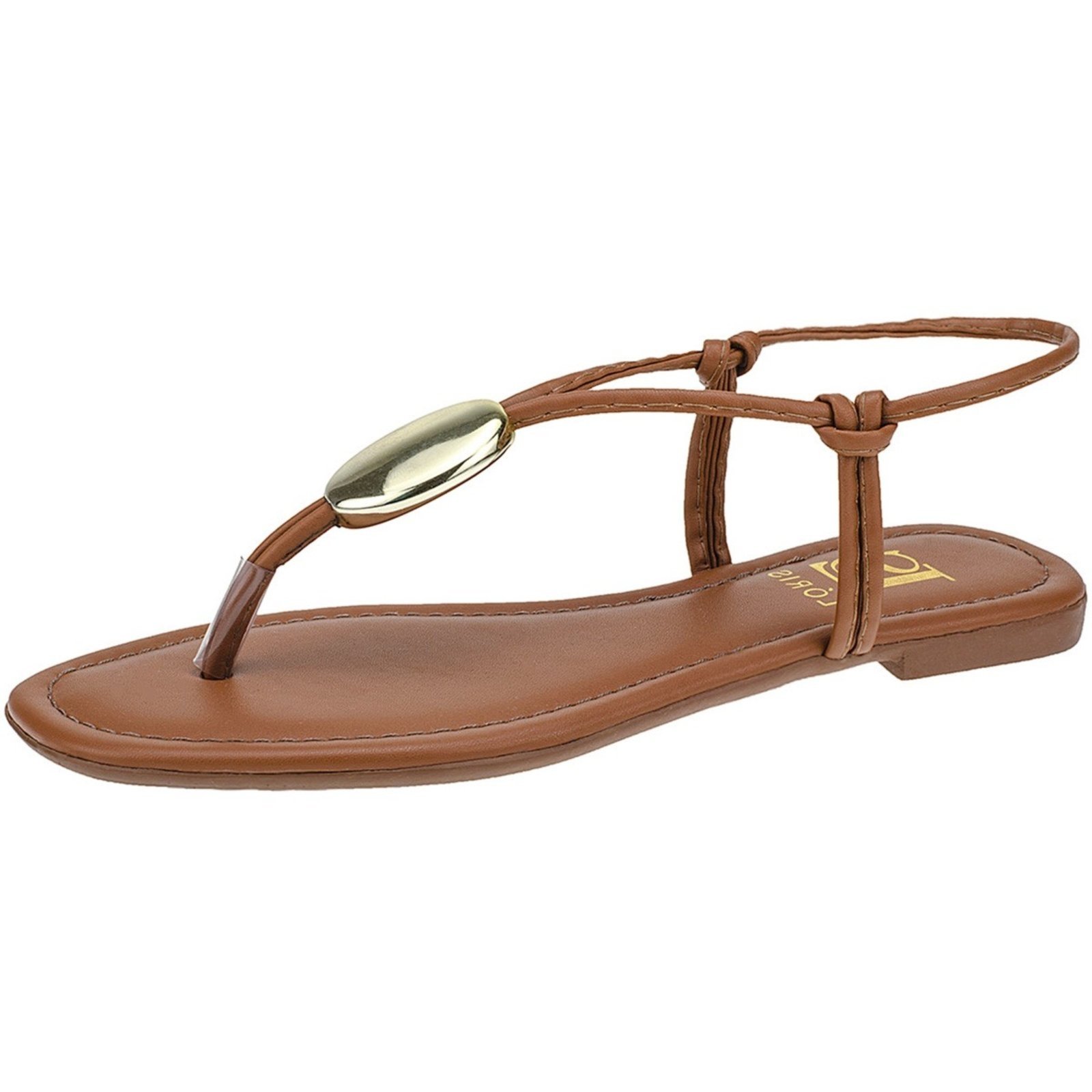 Sandália de Tiras Lóris Shoes com Enfeite ABS Dourado Rasteira Confortável Rasteirinha 4017 Caramelo