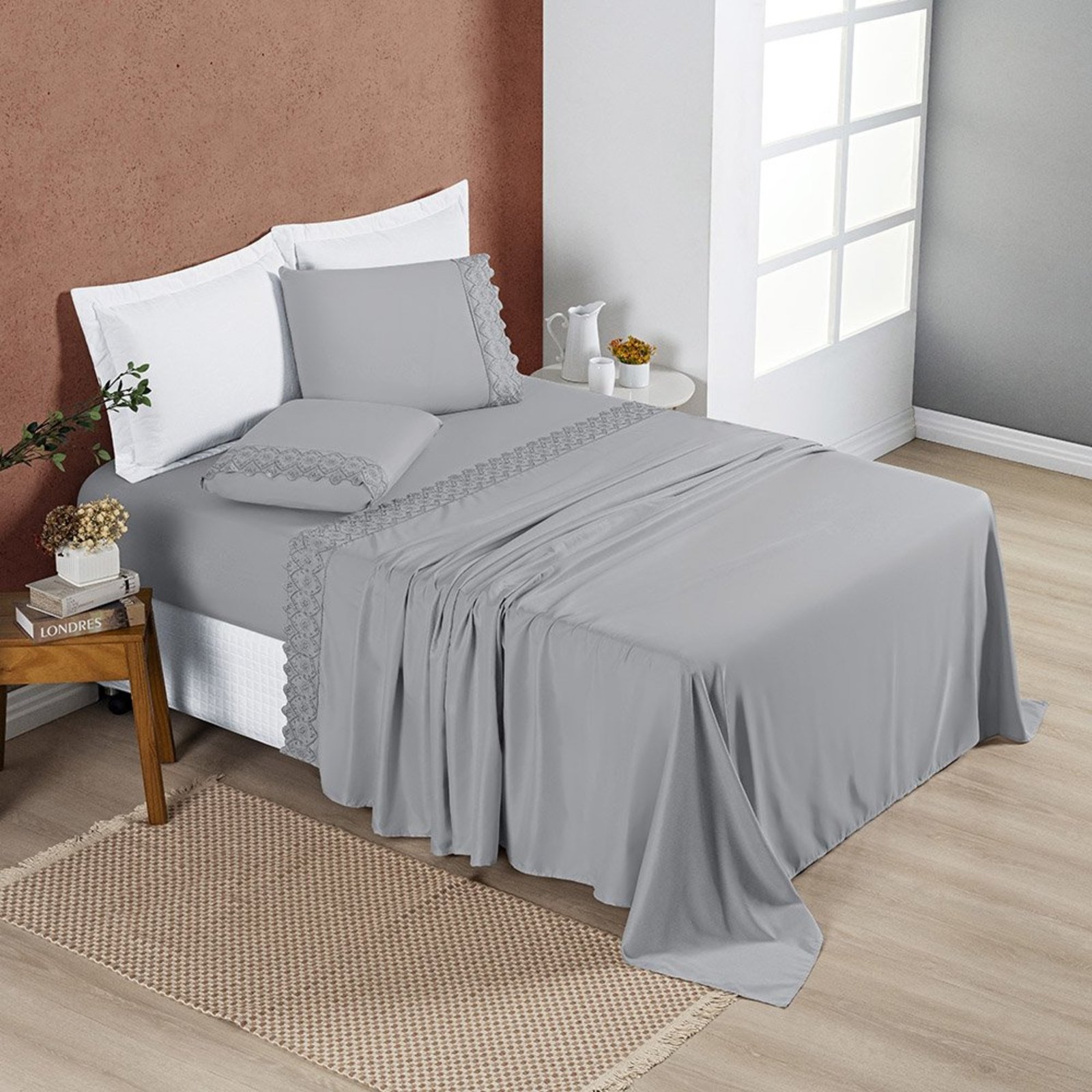 Jogo Cama Lençol Divino Lese Queen 4 Peças - Grafite - 100% Poliéster