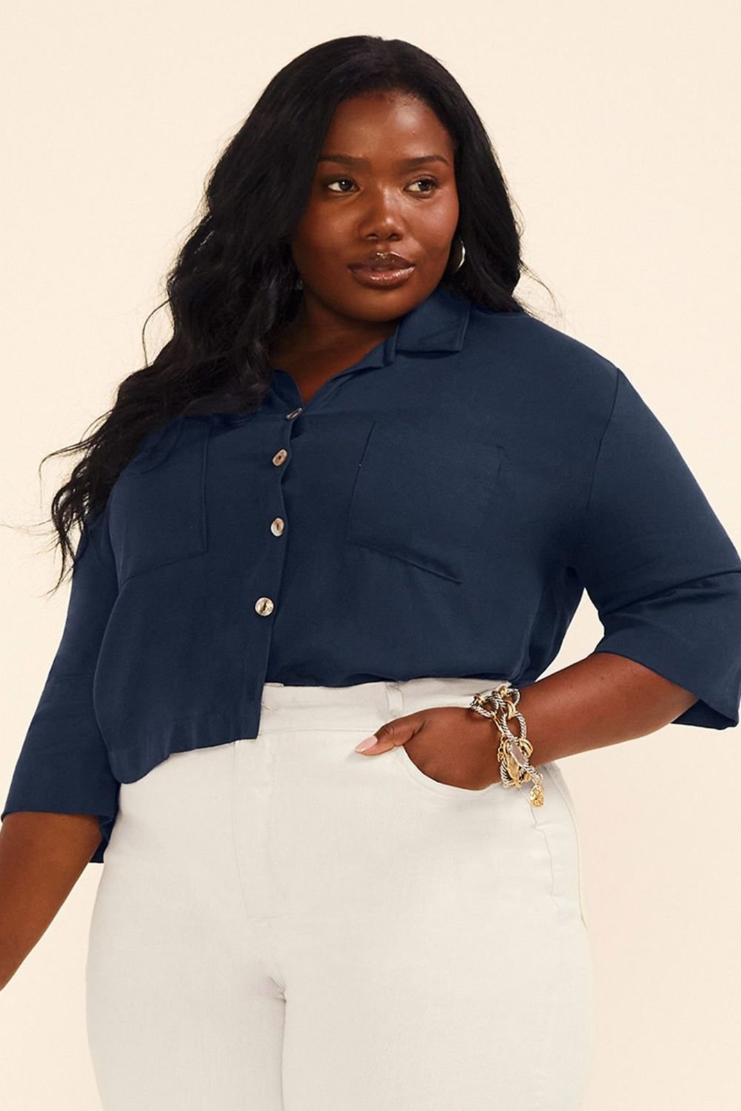 Camisa Feminina Mangas 3/4 Com Bolsos Marialícia Azul