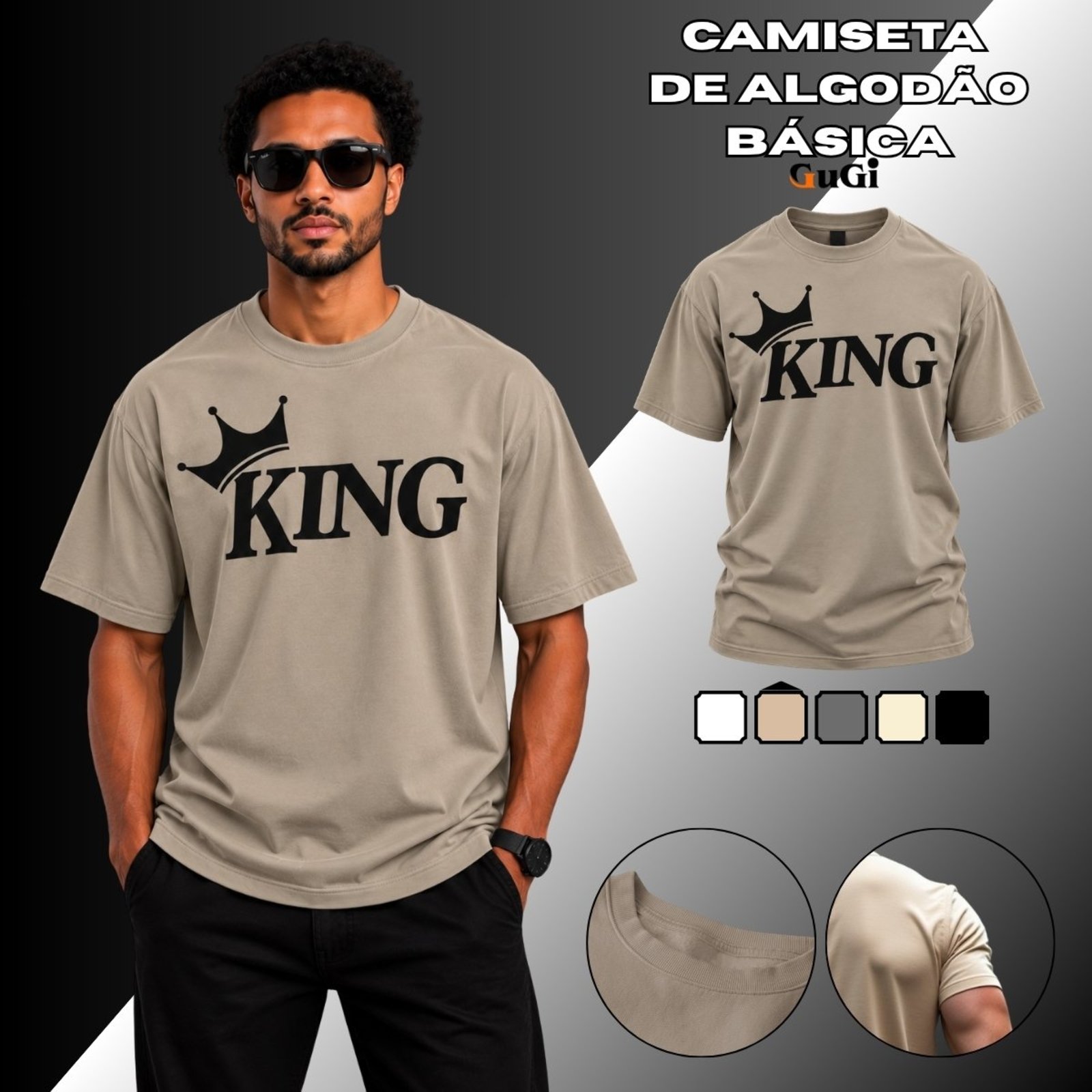 Camiseta Masculina Coroa King Streetwear 100% Algodão Caqui