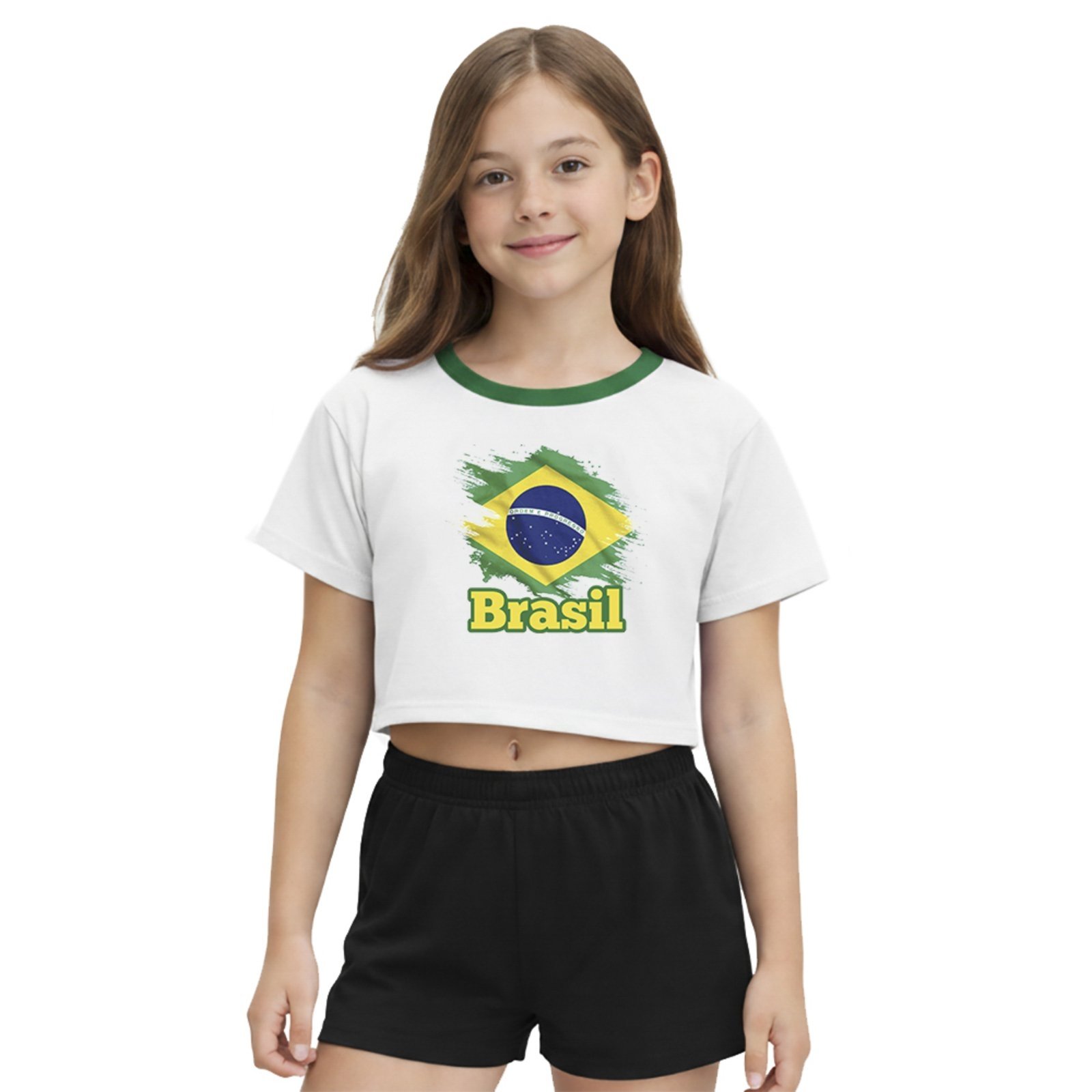 Infantil - Camiseta Cropped Juvenil Look Jeans Bandeira Brasil