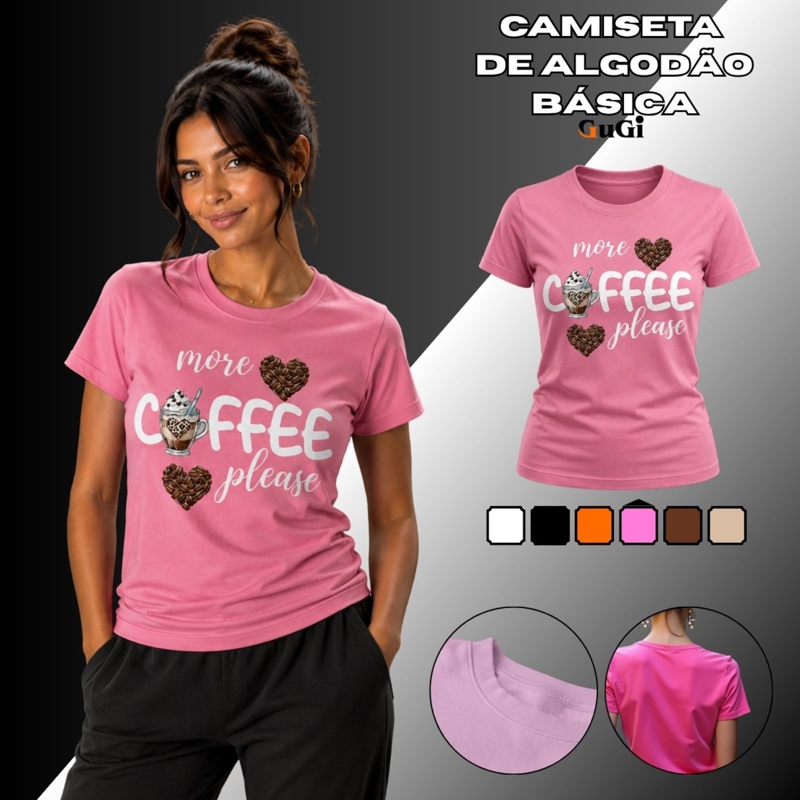 Camiseta Feminina Coffee Please Café 100% Algodão Rosa