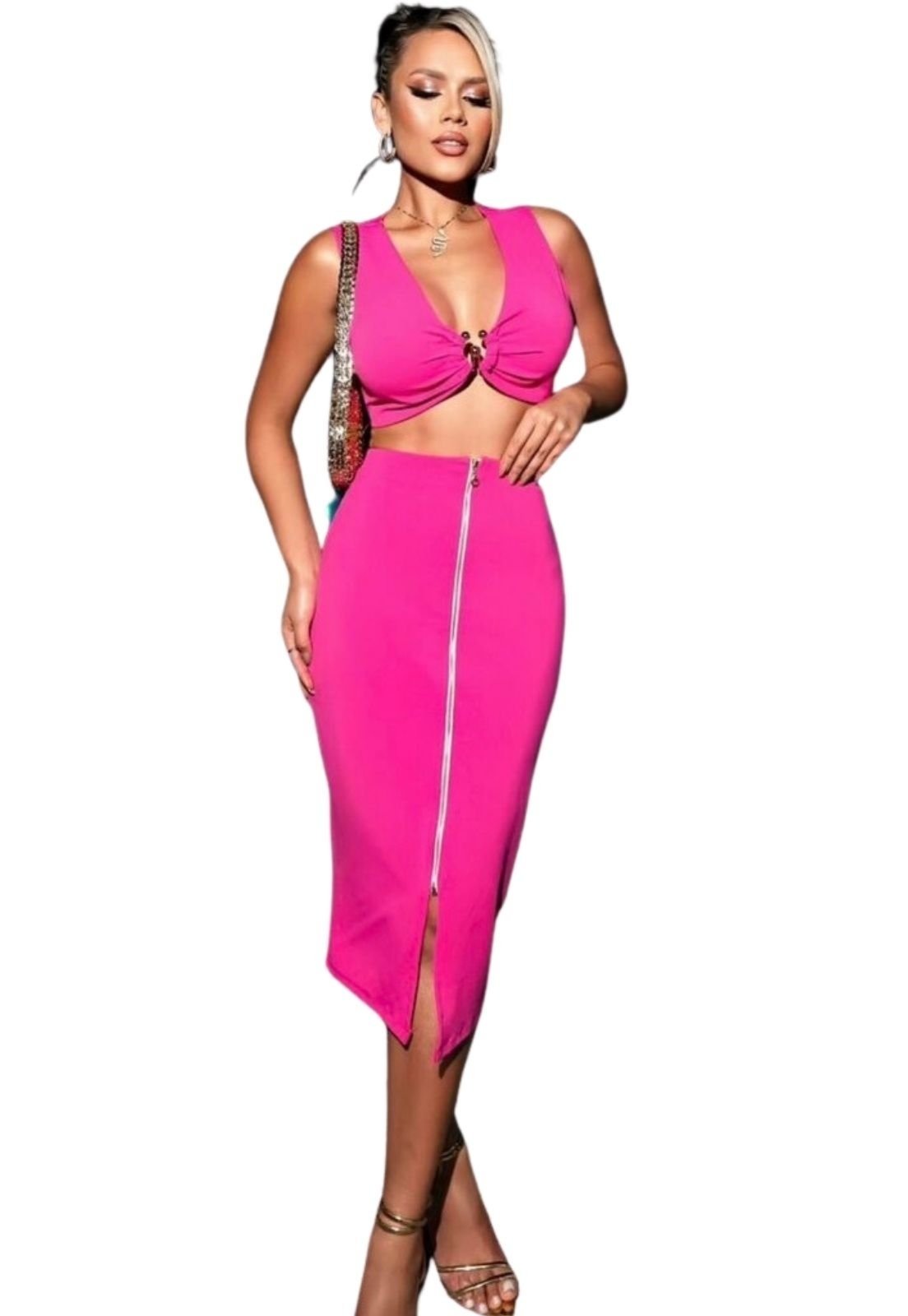 Conjunto Summer Body gringa saia MIDI com zíper e cropped decote argola Pink