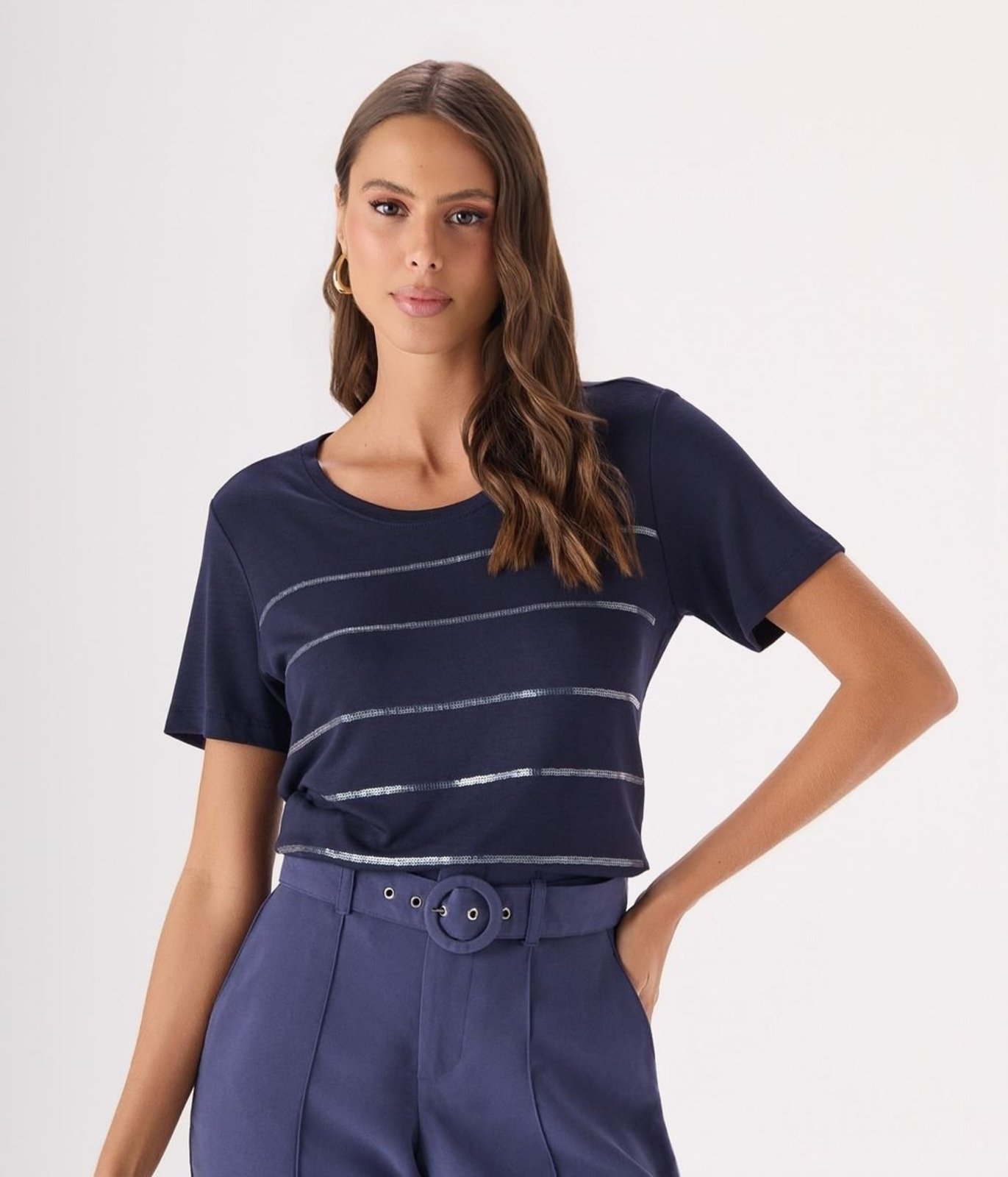Blusa Makenji Malha Listras Em Paetes Feminina Azul Marinho