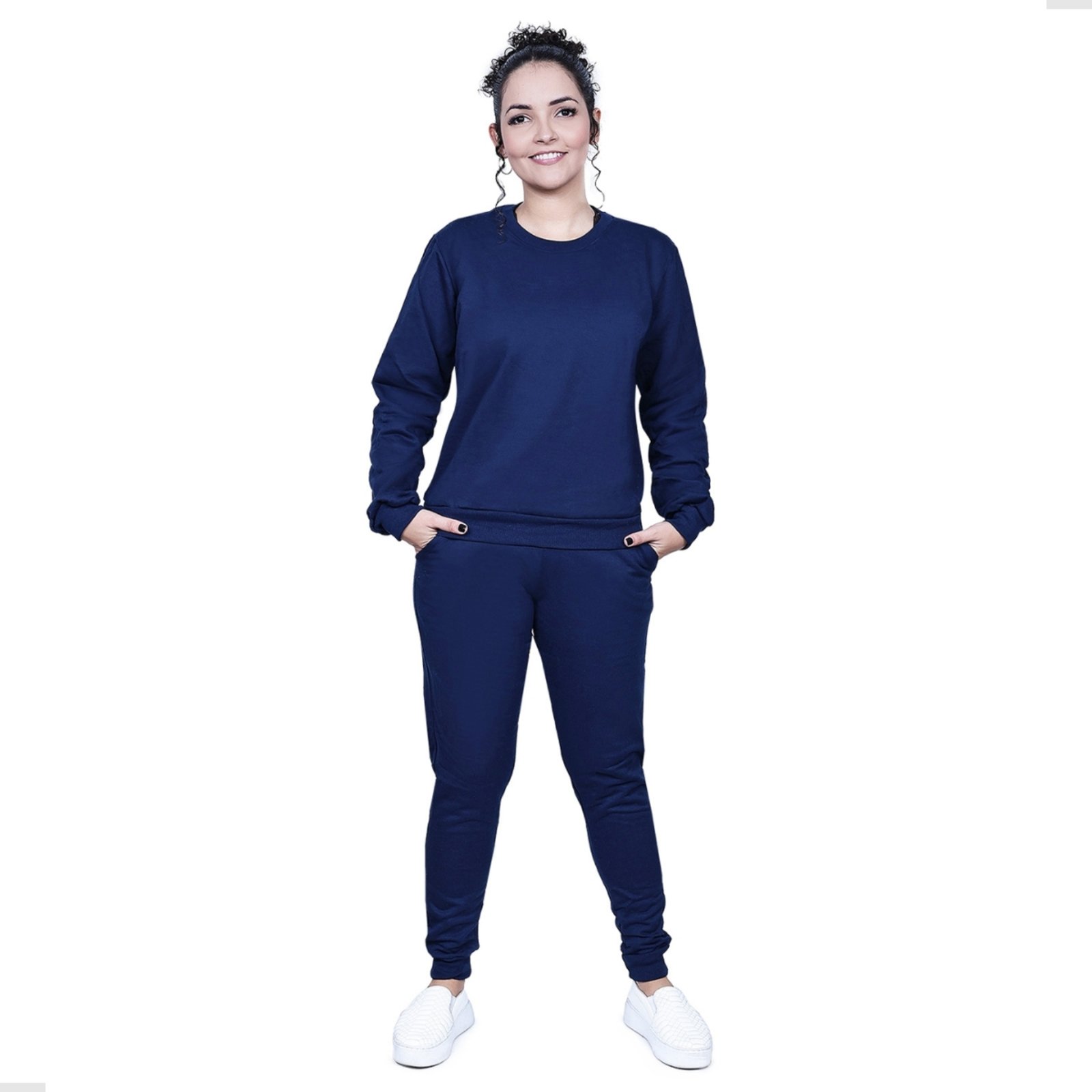 Conjunto Moletom Feminino Techmalhas Blusa Careca e Calça Marinho Azul-marinho