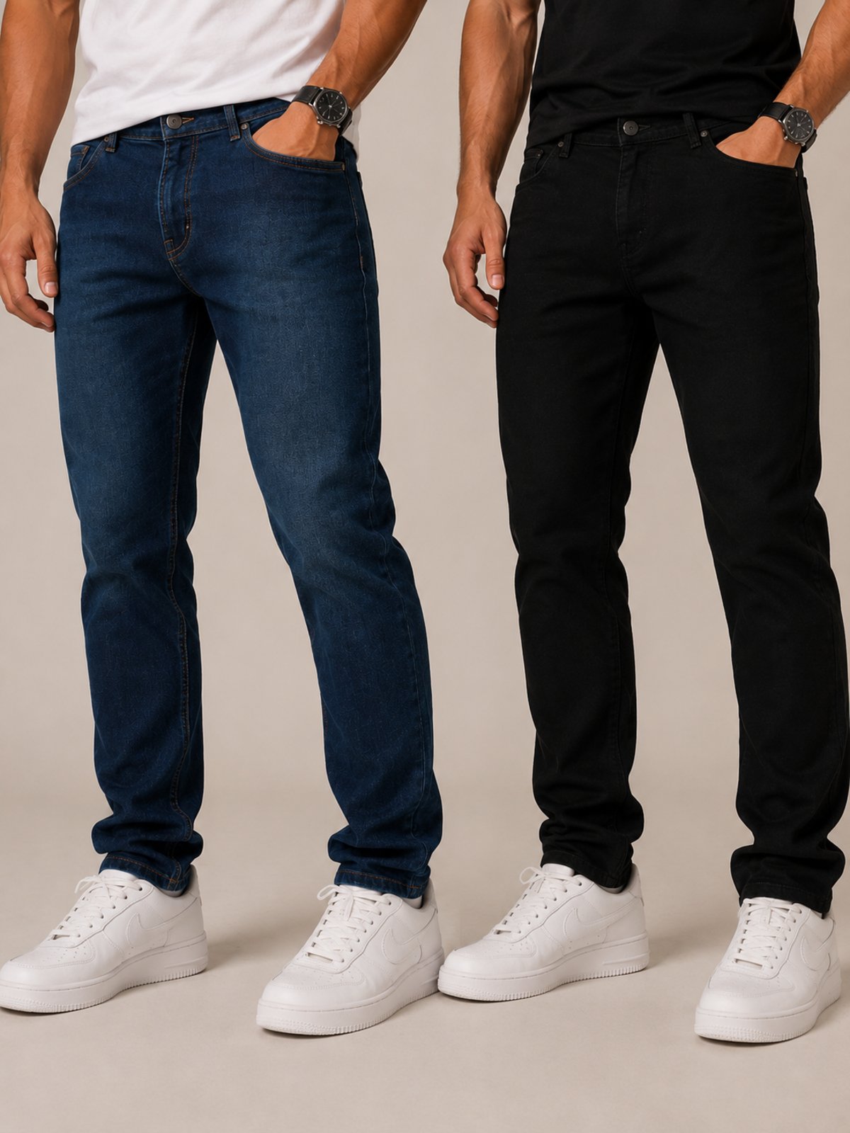 Kit 2 Calças Jeans Masculinas Slim Fit Tex Jeans Conforto Premium Azul Escura+ Preta
