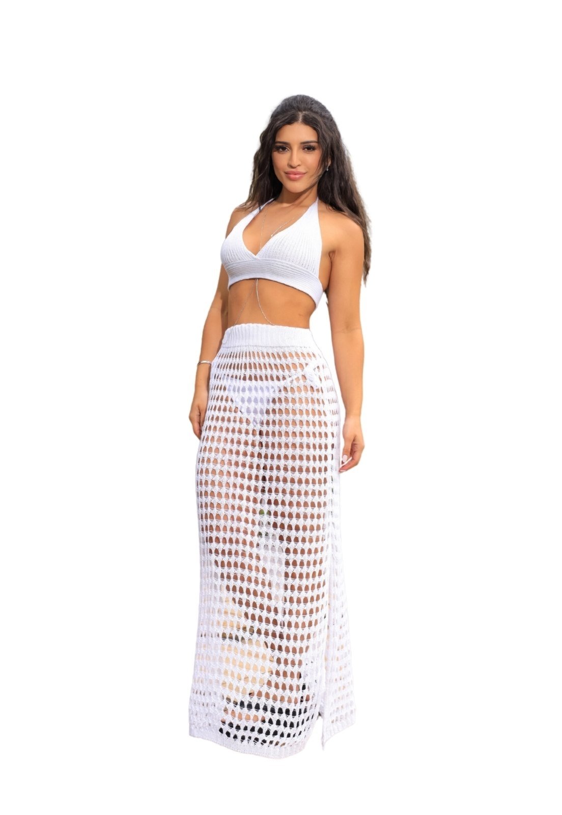 Conjunto Saída de Praia Saia Longa e Top Tricot Verão Ano Novo Trancoso Branco