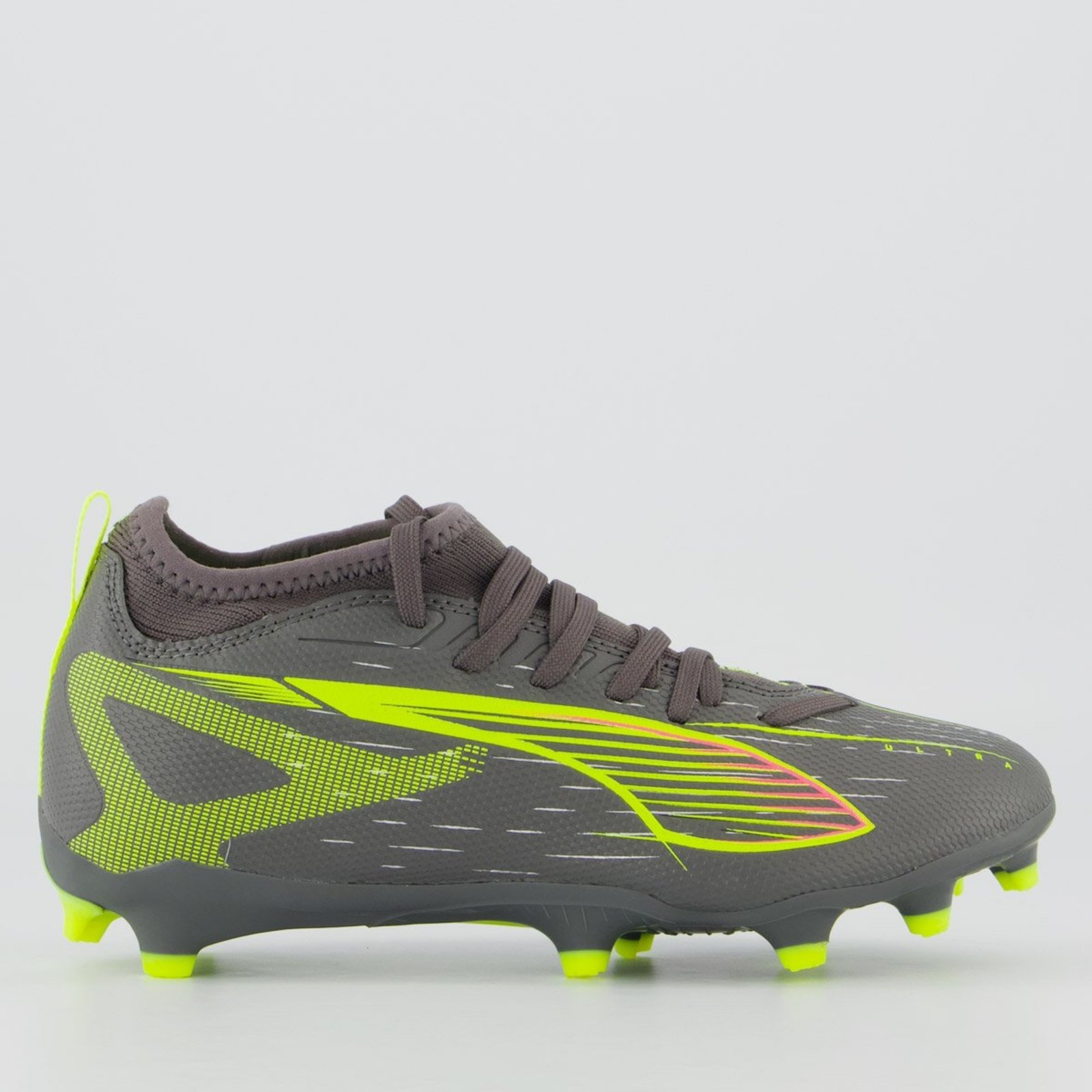 Chuteira Puma Ultra 5 Match+ Campo Juvenil Cinza e Verde