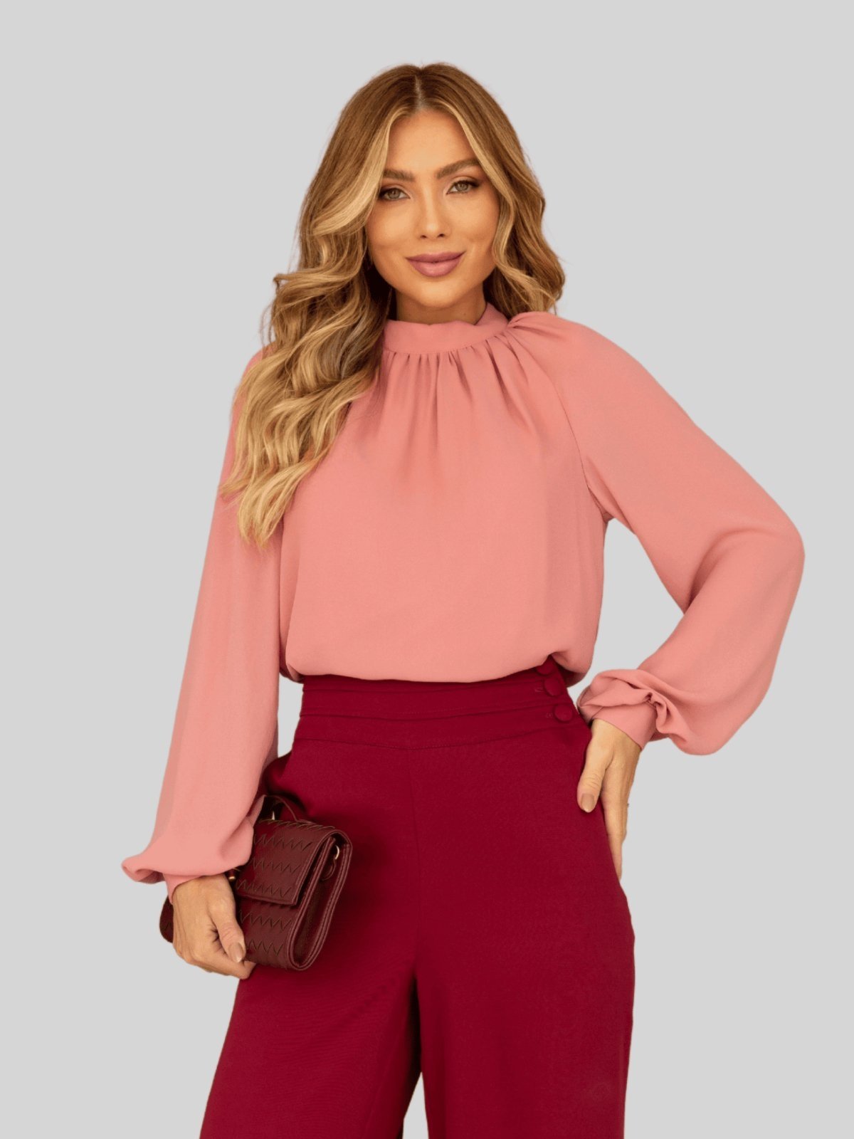Blusa Miss e Misses Celina Crepe C/ Gola Franzida Manga Longa Rosê