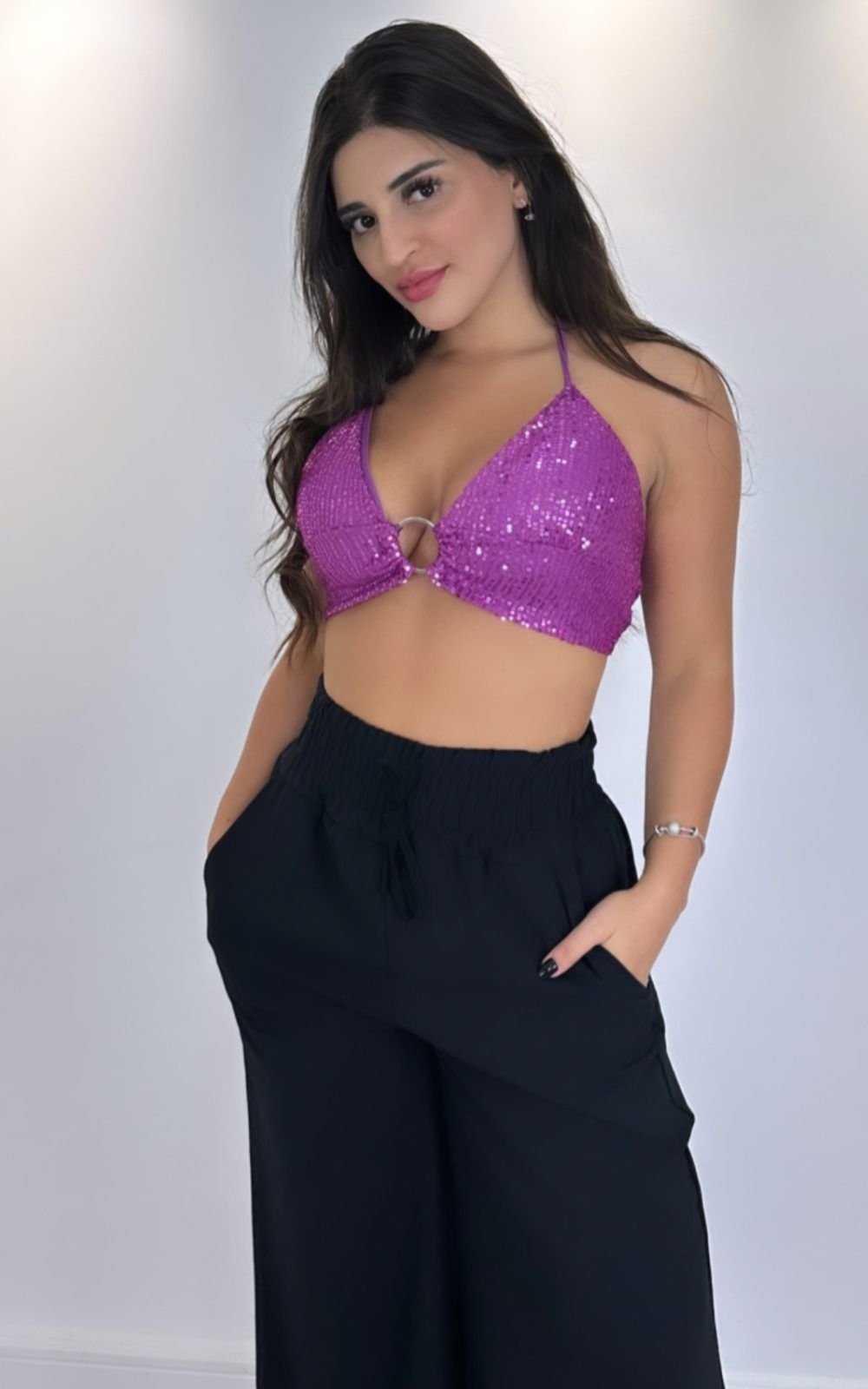 Cropped Vanny Tule Frente Única Fucsia