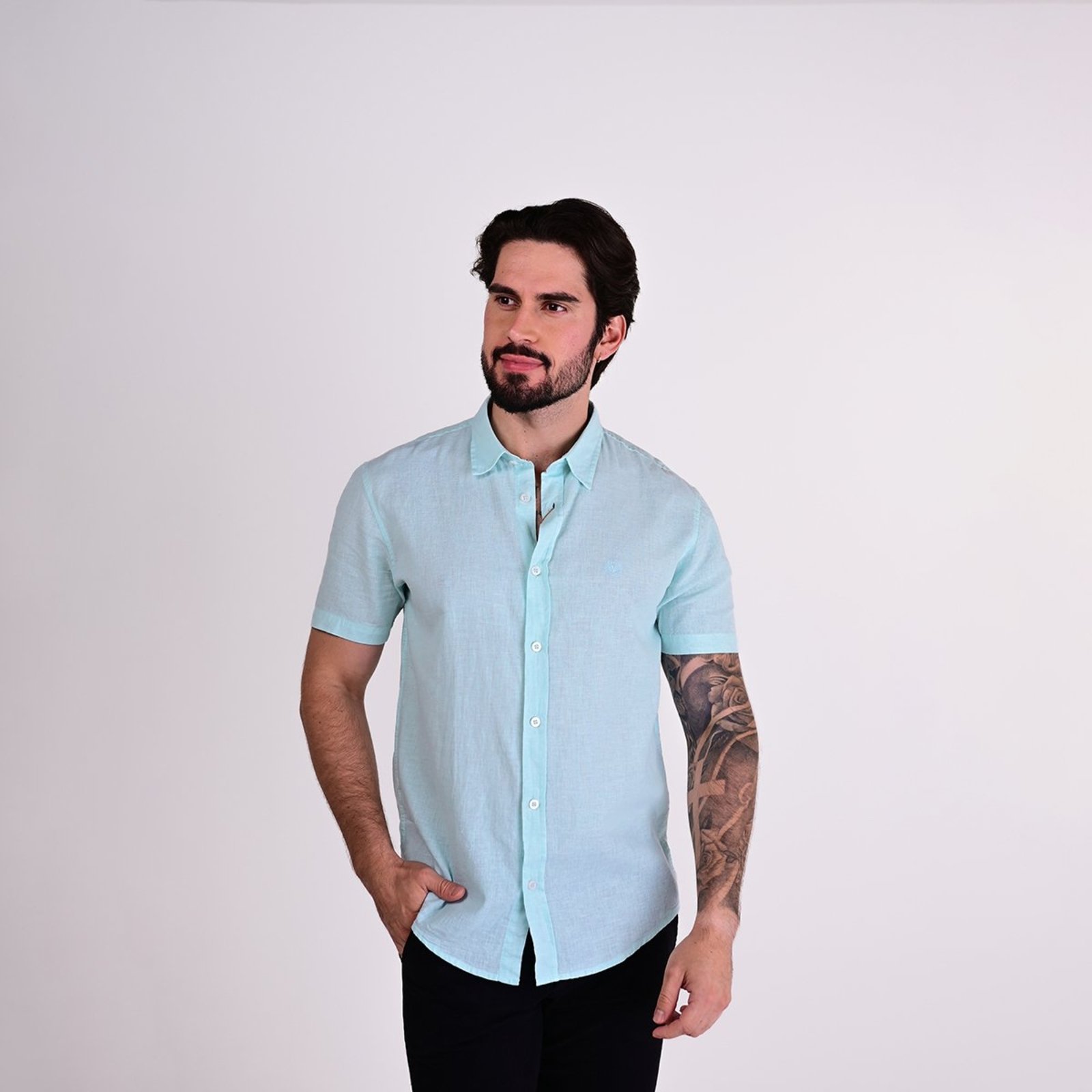 Camisa Linho Versatiold Custom Manga Curta Azul Capri