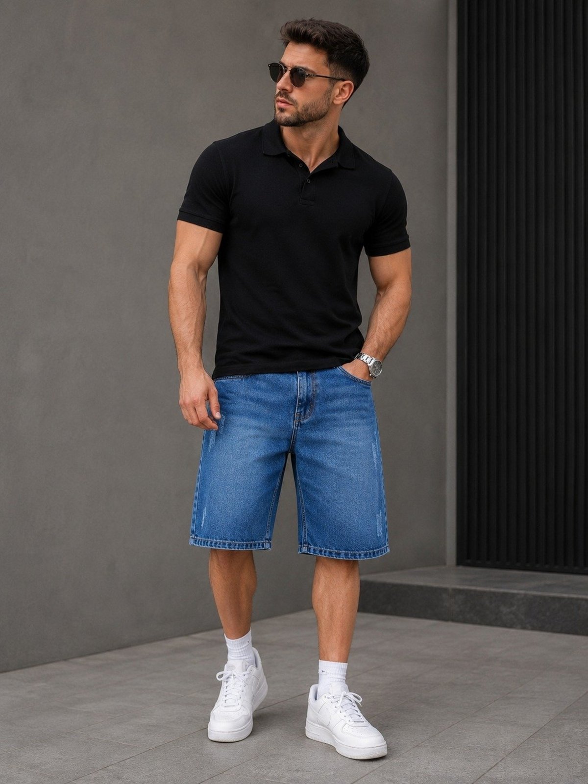 Bermuda Balão Jeans Puídos Masculina Alpha Street Wear Casual Confortável Básica Azul Escura