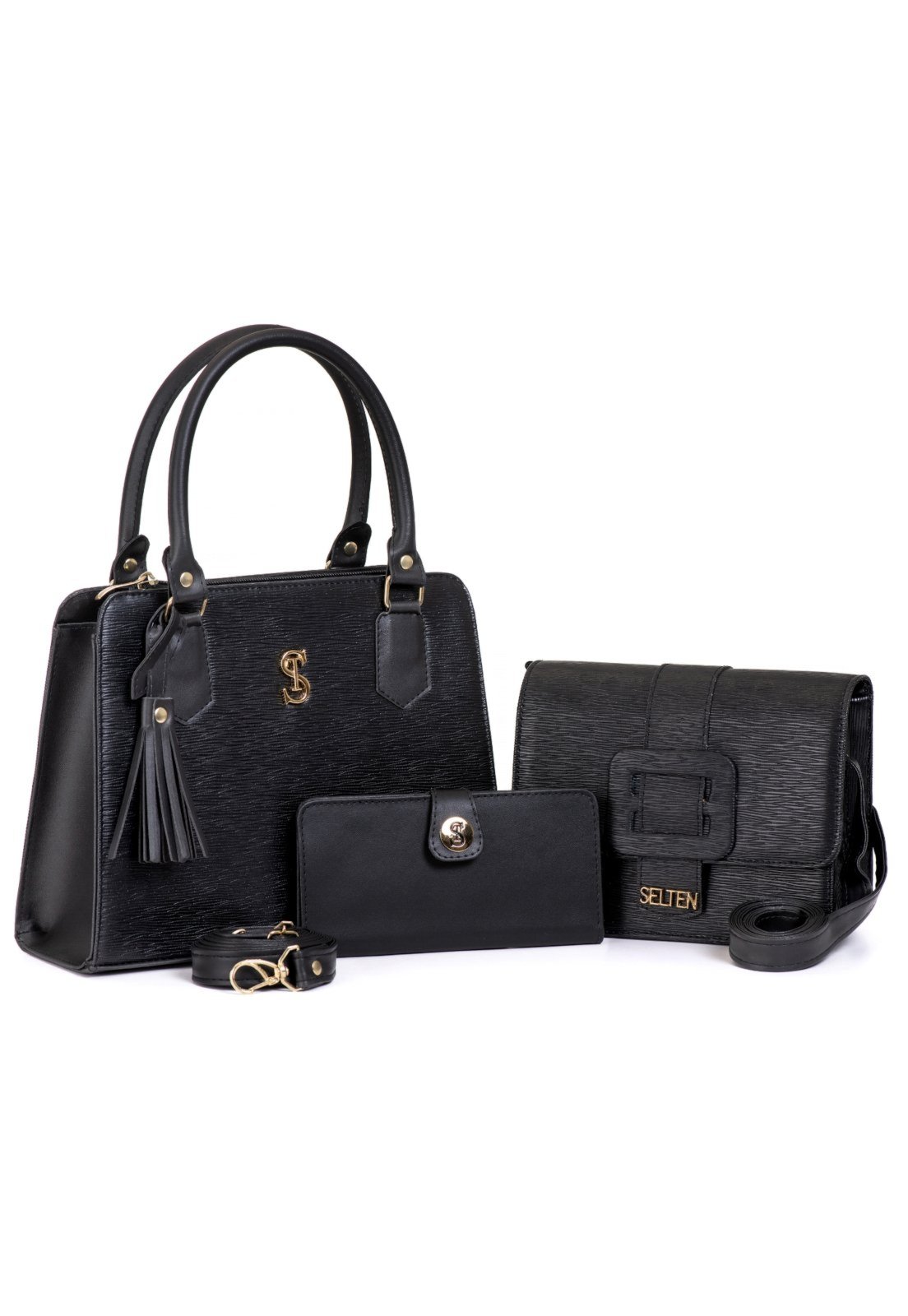 Bolsas de Mão e Transversal kit com carteira Selten preto e Preta