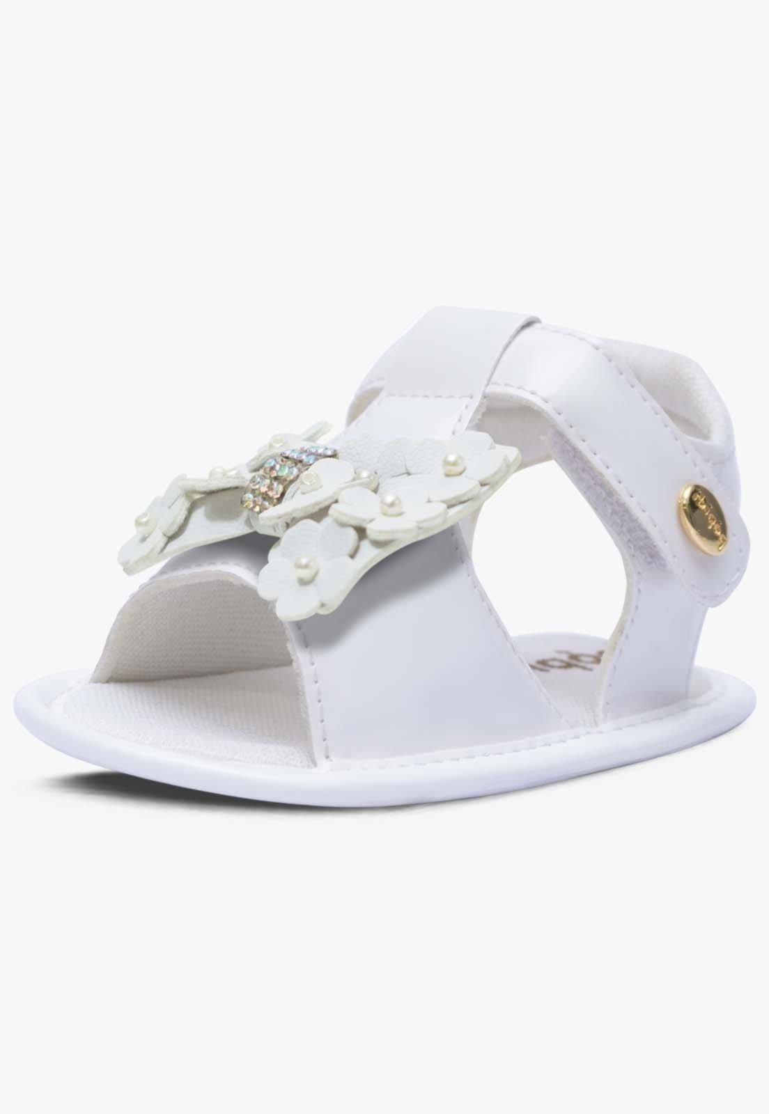 Infantil - Sandalia Casual Pópidi Menina Recem Nascido Laço Flores Branco