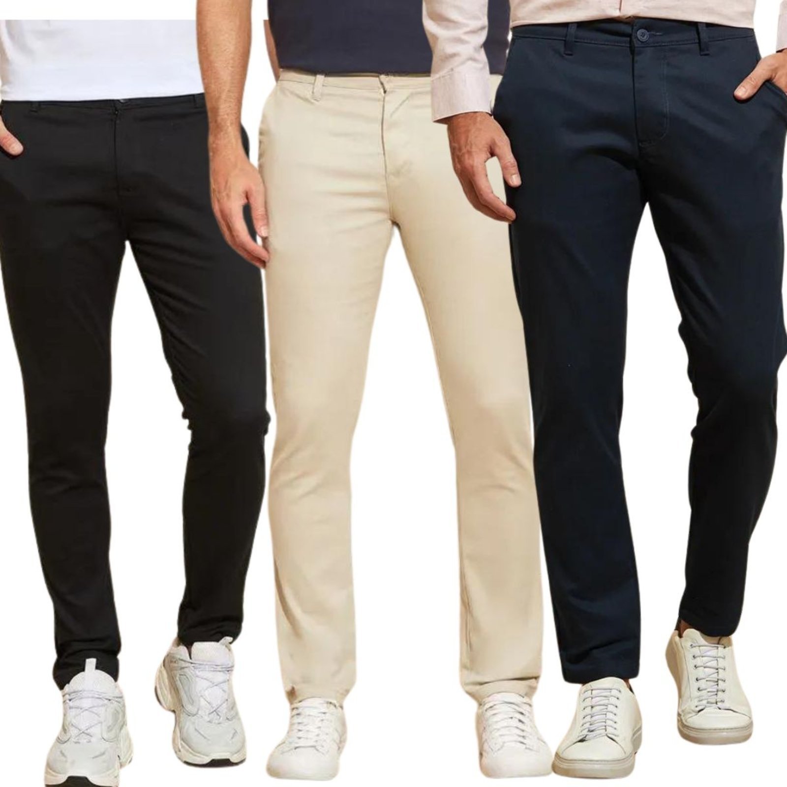Kit 3 Calças de Sarja Chino Com Bolso Traseiro Embutido Alfaiataria
