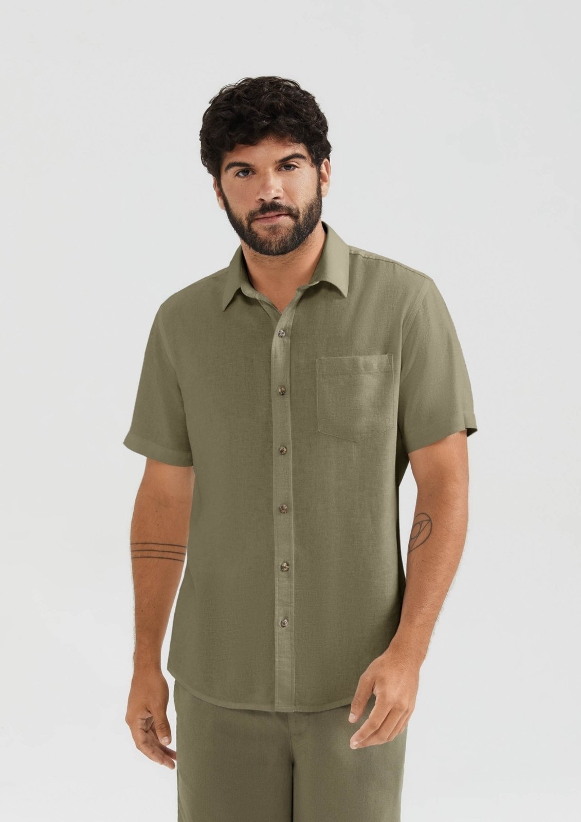 Camisa Básica Masculina Manga Curta Slim Em Linho