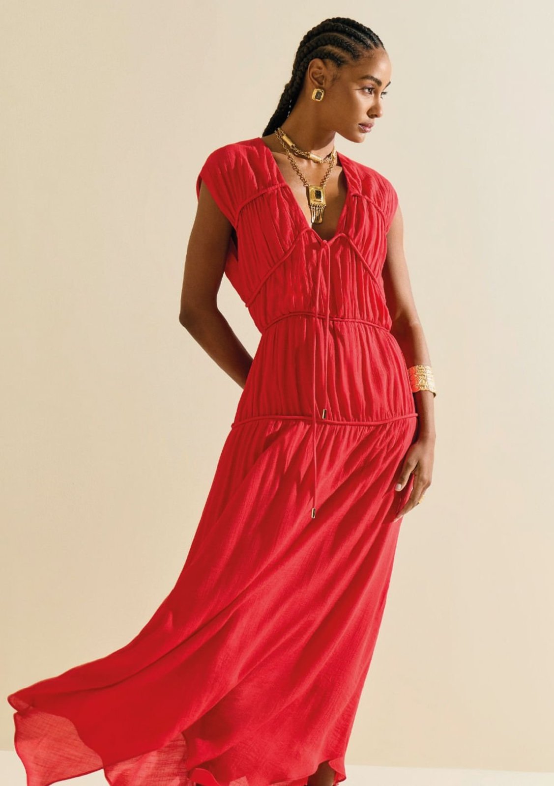 Vestido Morena Rosa Solto Decote V Sem Manga Midi Estampado