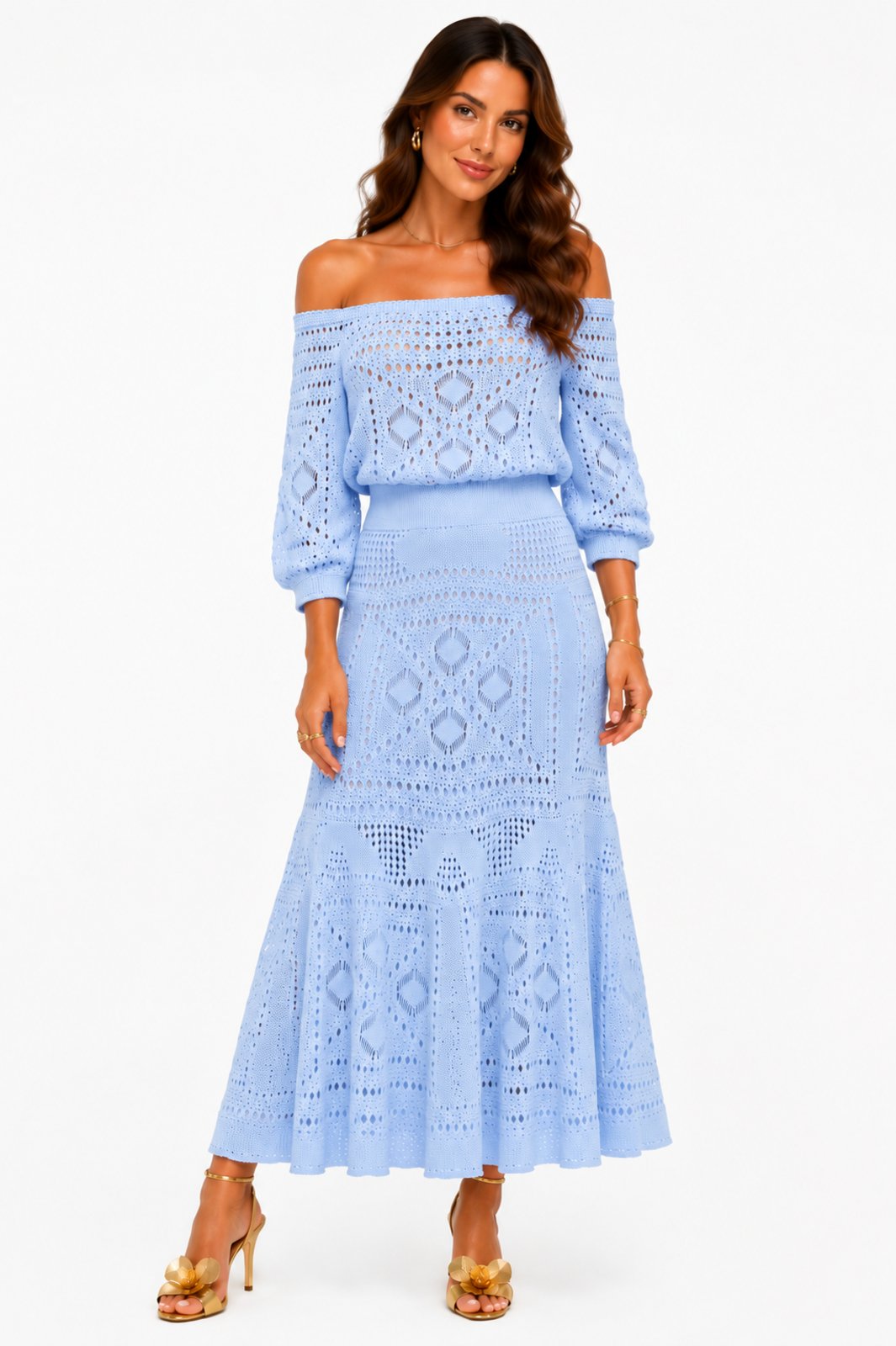 Conjunto D Bell Outlet Fashion Tricot Manga Longa Azul