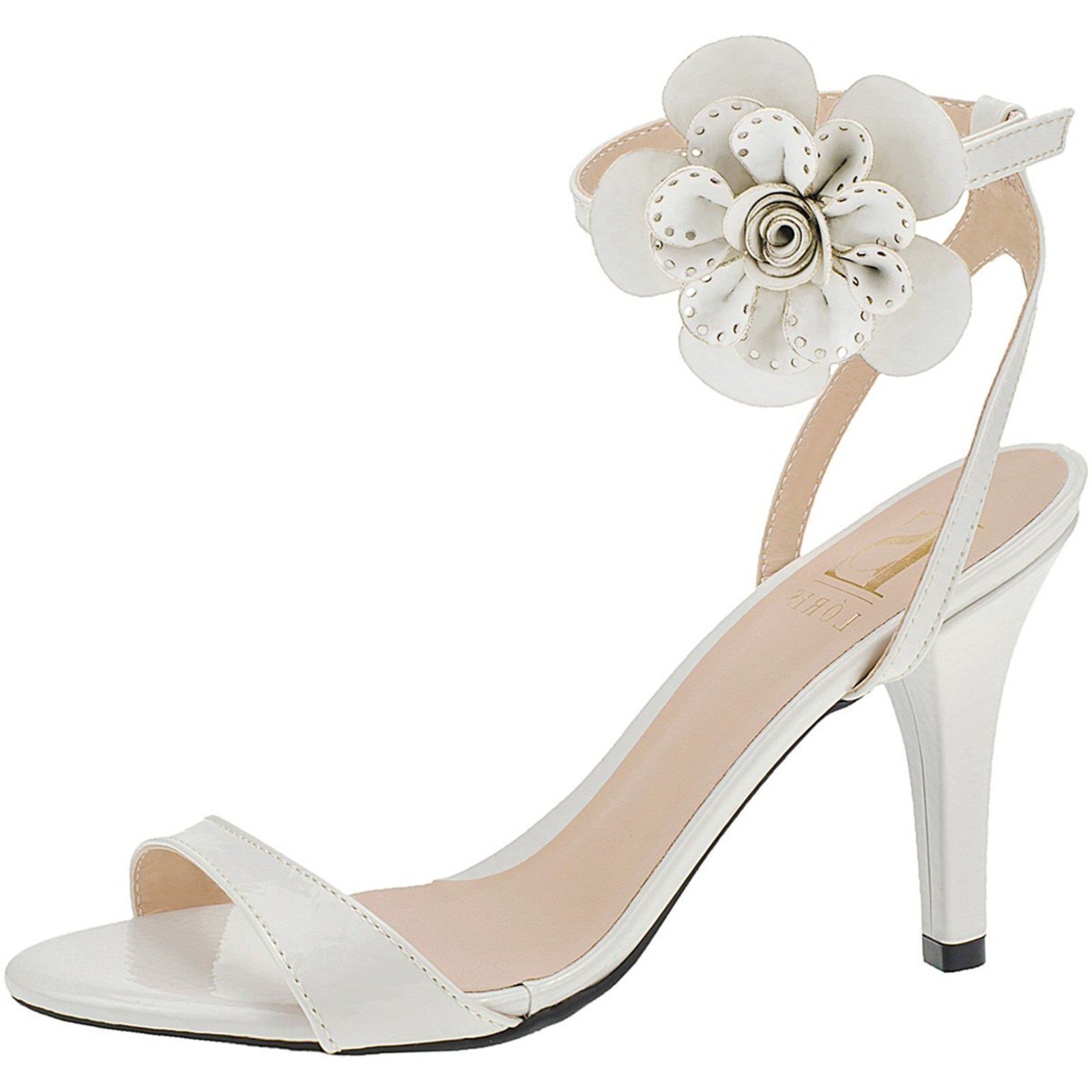 Sandália Lóris Shoes com Flor Giseli Feminina Social Verniz Salto Alto Fino Fivela Traseiro Bico Redondo 13-150 Off White