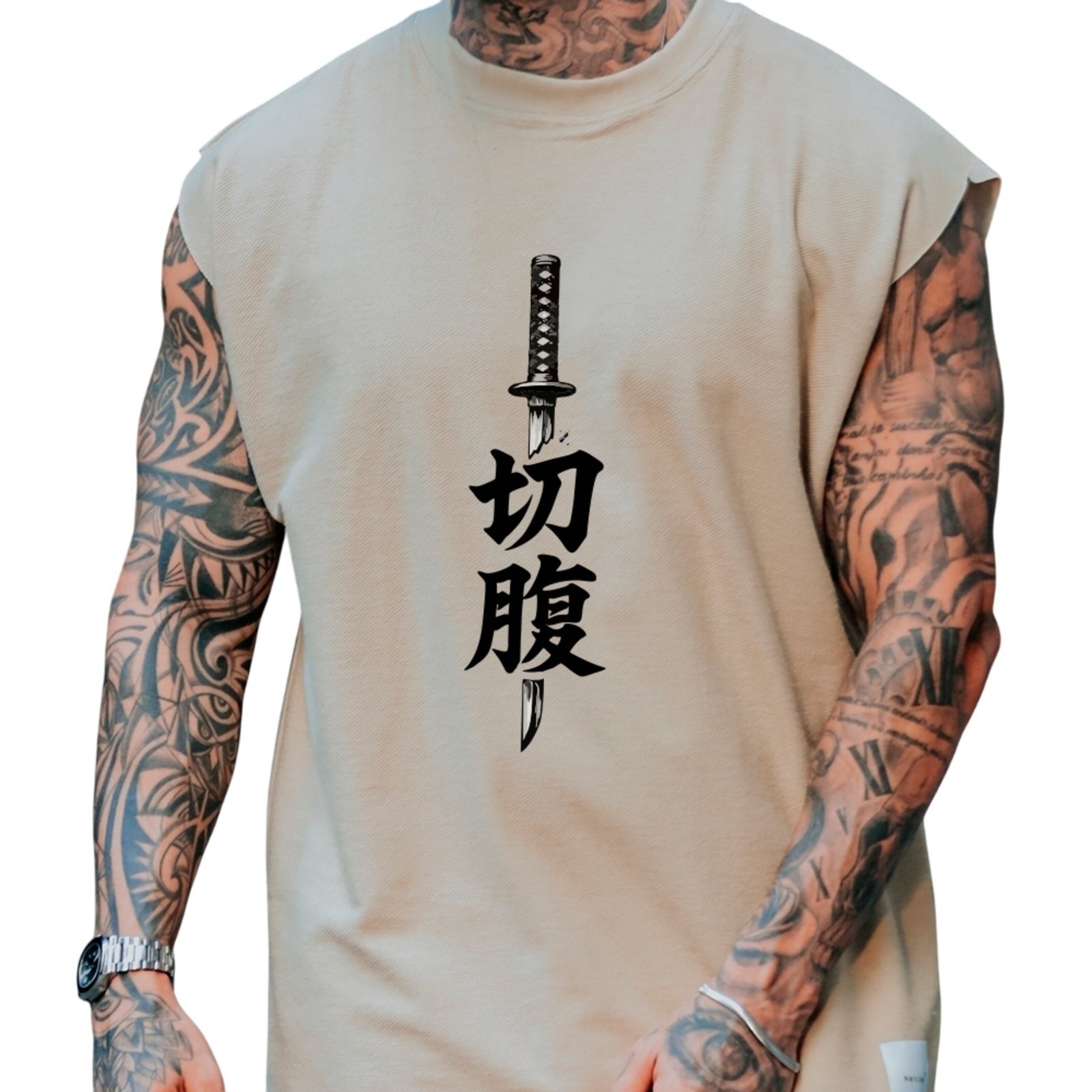 Camiseta Regata Machão Ousy Katana Japonesa Oversized Masculina Off White
