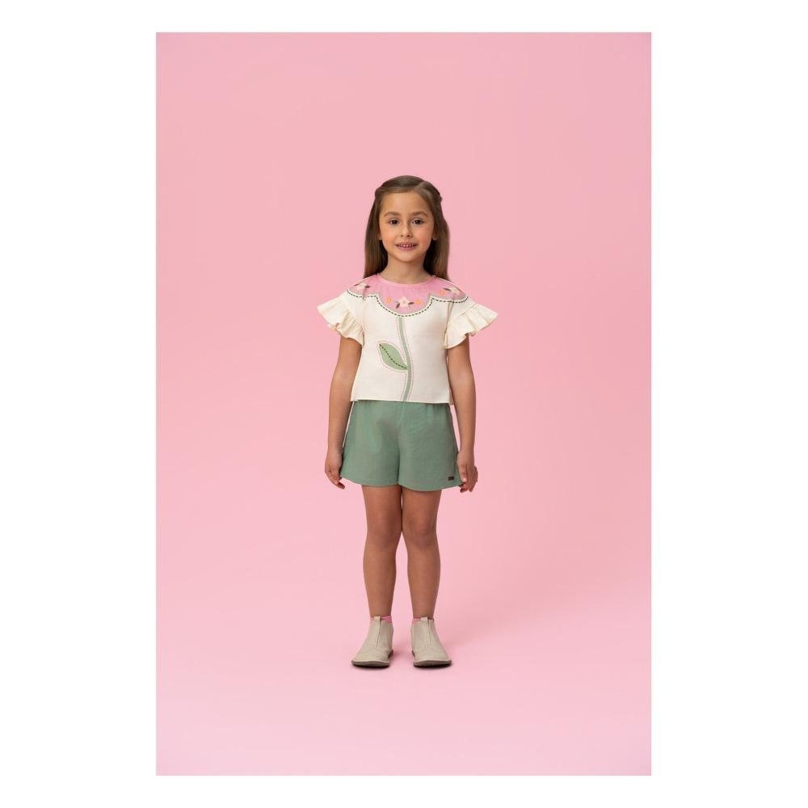 Infantil - CONJUNTO BLUSA COM BABADOS E ESTAMPA FLORE E SHORT Mon Sucré 1 Unico
