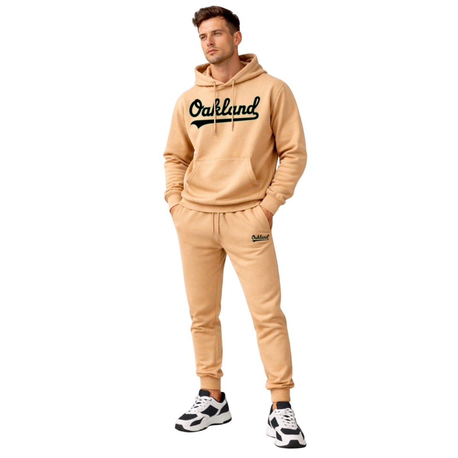 Conjunto de Moletom Blusa + Calça Masculino Bege Estampado, Estilo Casual Confortável Ideal Para Dia a Dia Esportes Frio