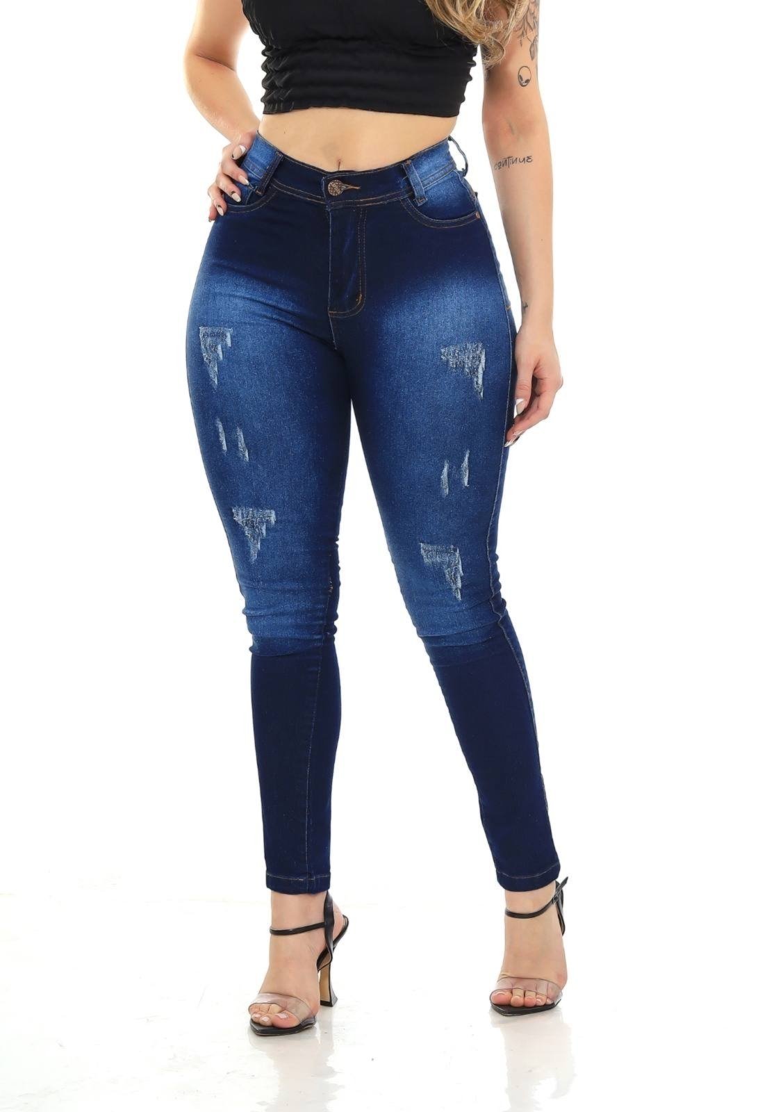 Calça Jeans Skinny Blue Com Puídos GARAIS MODA Cintura Alta Premium