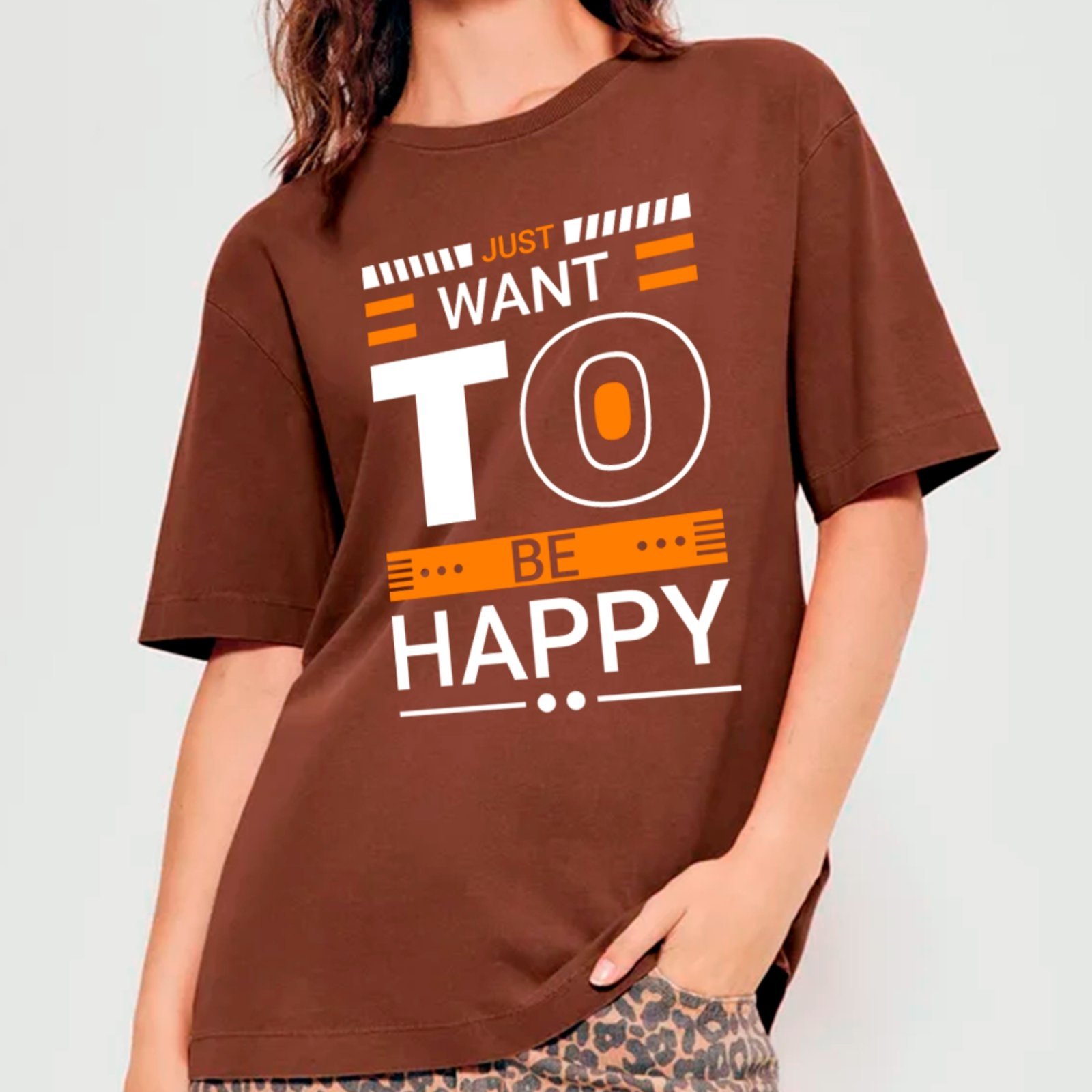 Camiseta Ousy Just Want to Be Happy Oversized Unissex Marrom