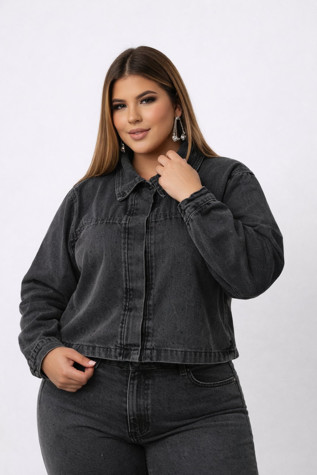 Jaqueta Jeans Plus Size D Bell Outlet Fashion Strass Grafite