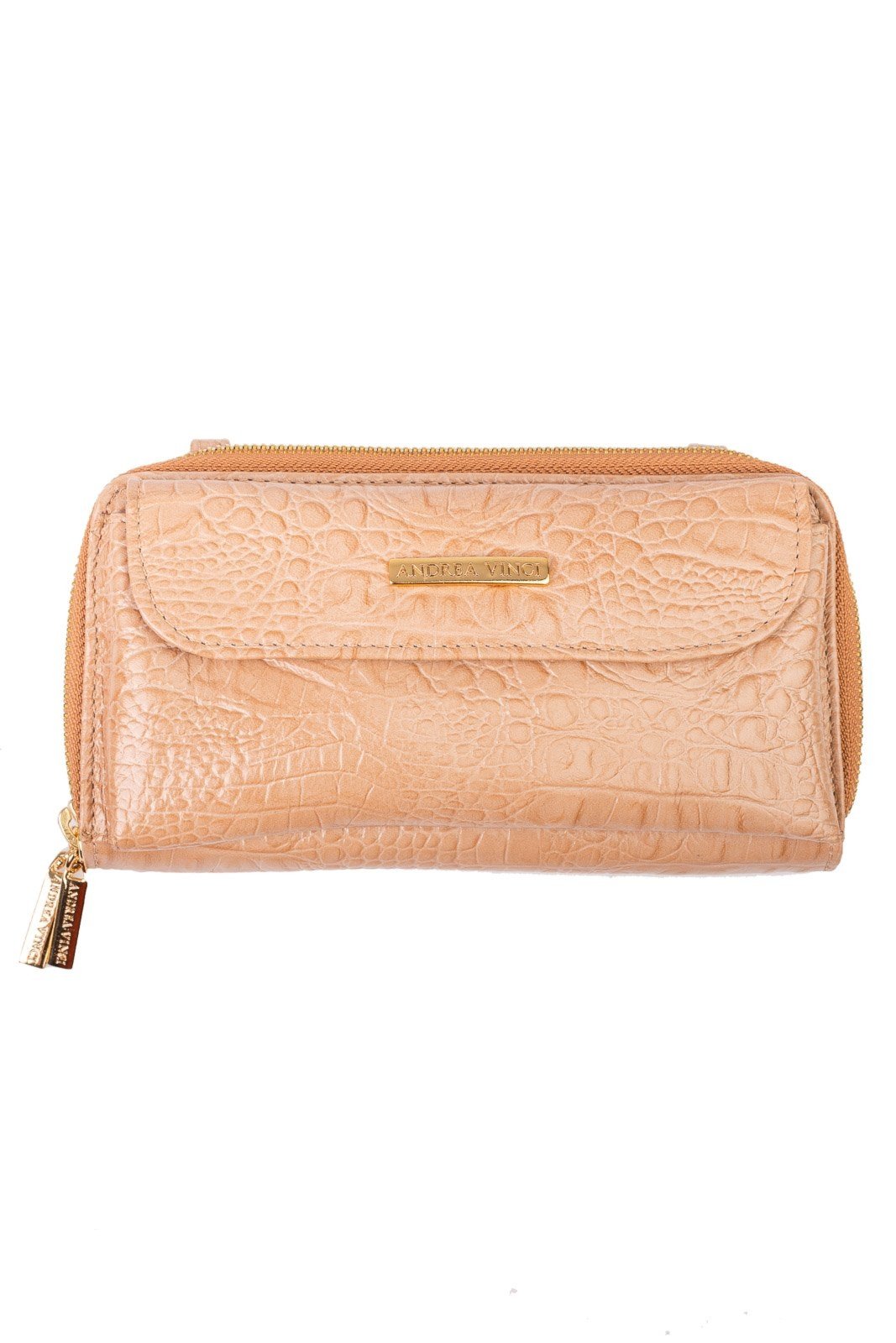 Carteira feminina de couro croco com alça Tania 10,5x19cm - Bege